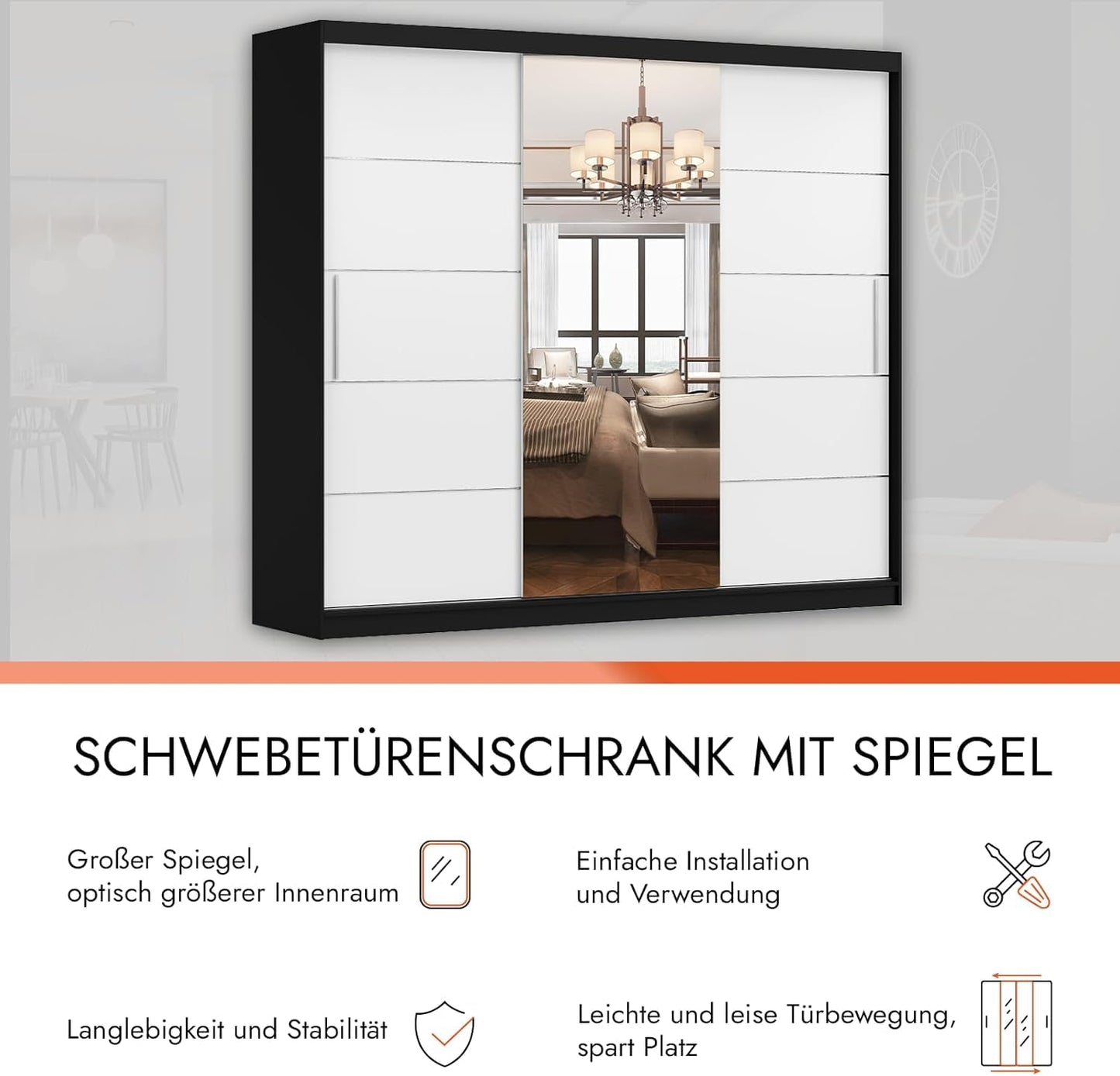 Fabryka Mebli Idźczak Kleiderschrank mit Spiegel, Schiebetüren - Weißer Schwebetürenschrank, Schlafzimmerschrank - 61 x 250 x 218 cm - Schrank für Schlafzimmer, Wohnzimmer, Garderobe