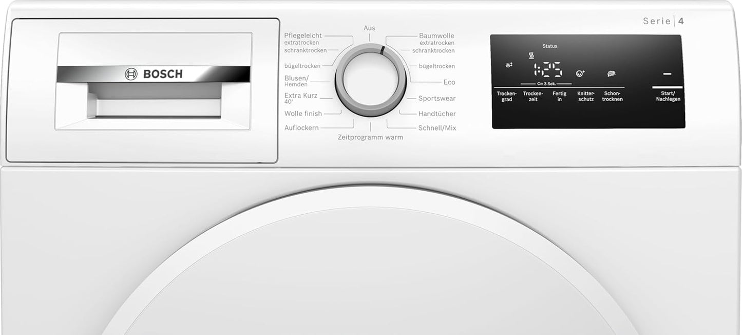 Bosch WTH83V04, Serie 4, Wärmepumpentrockner, 8 kg, AutoDry, Quick-40-Trocknen, Nachlegefunktion, Sensitive-Drying-System, Anti Vibration Design, 63 dB, LED-Display, Touch-Control, Zeitvorwahl
