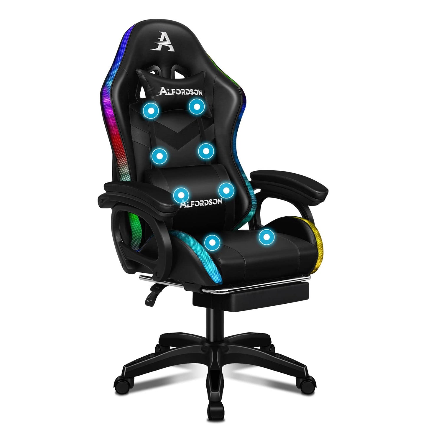 ALFORDSON Gaming Stuhl mit 8-Punkt Massage 12 Farben RGB LED-Licht, Bürostuhl Ergonomisch mit fußstützen, Kopfstütze Lendenkissen für Kinder Erwachsene, Schwarz