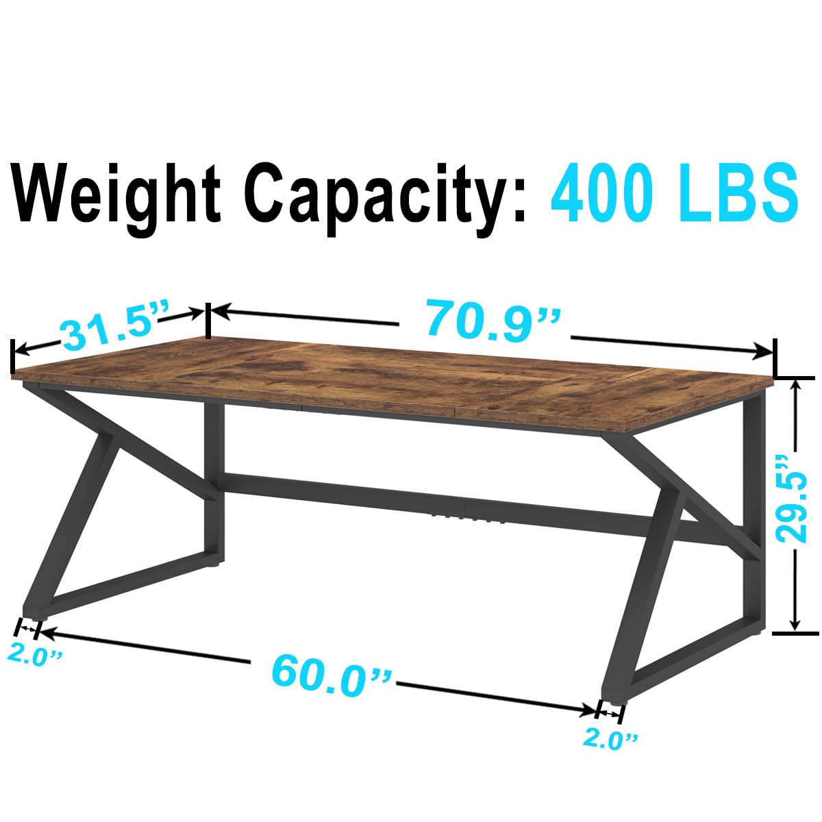 IBF Desk in Brown Colour with a Length of 70 Inches, Industrial Large Double Metal and Wood Desk for Computer, Long Office Table for Home