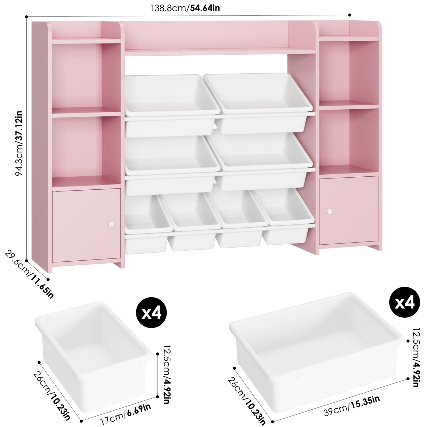 FOREHILL Kinderregal mit 8 Boxen Kinderschrank Holz Bücherregal für Kinder Aufbewahrungsbox Kinderzimmer Möbel mit Spielzeugkiste 138,8 x 94,3 x29,6 cm (rosa)