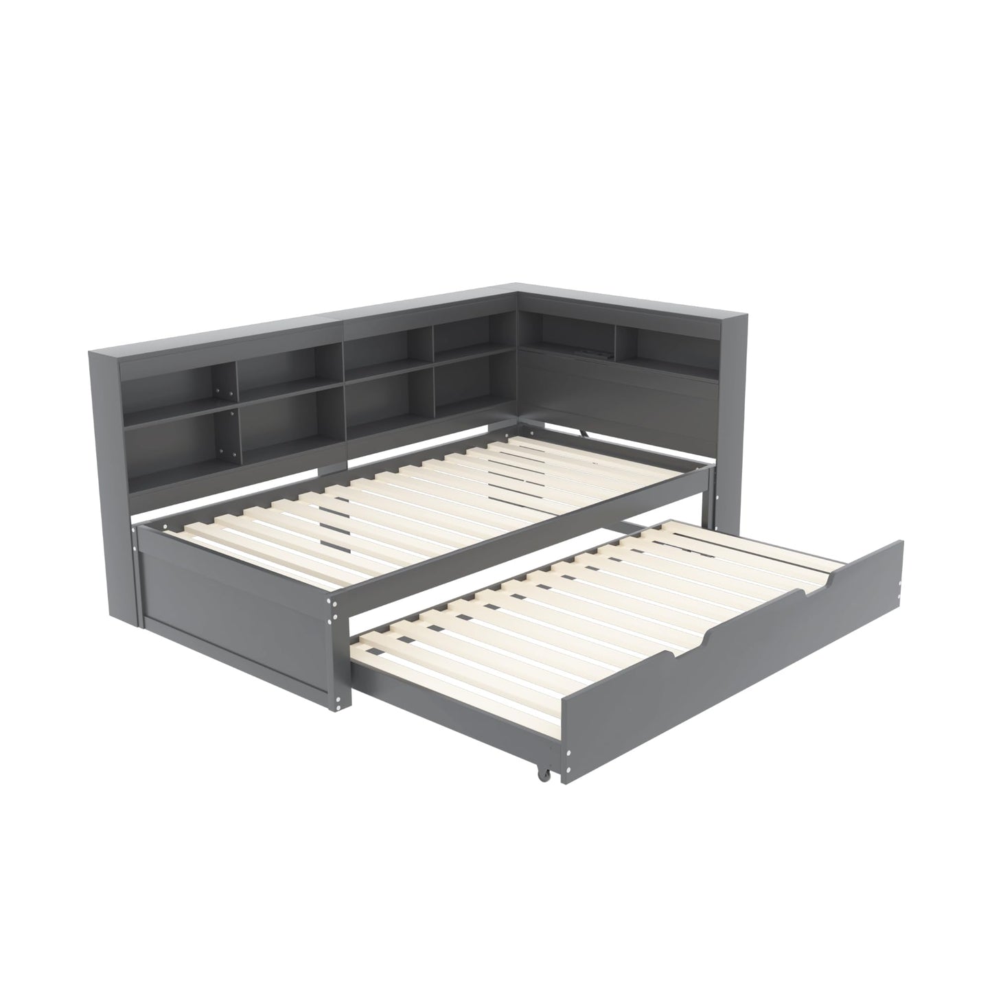 xixiworkshop Kinderbett 90x200cm Ausziehbett Bett mit Stauraum und USB-Steckdose/Mehreren Ablagefächern multifunktionales Jugendbett/Gästebett/Doppelbett mit Stauschrank Lattenrost,Ohne Matratze,Grau