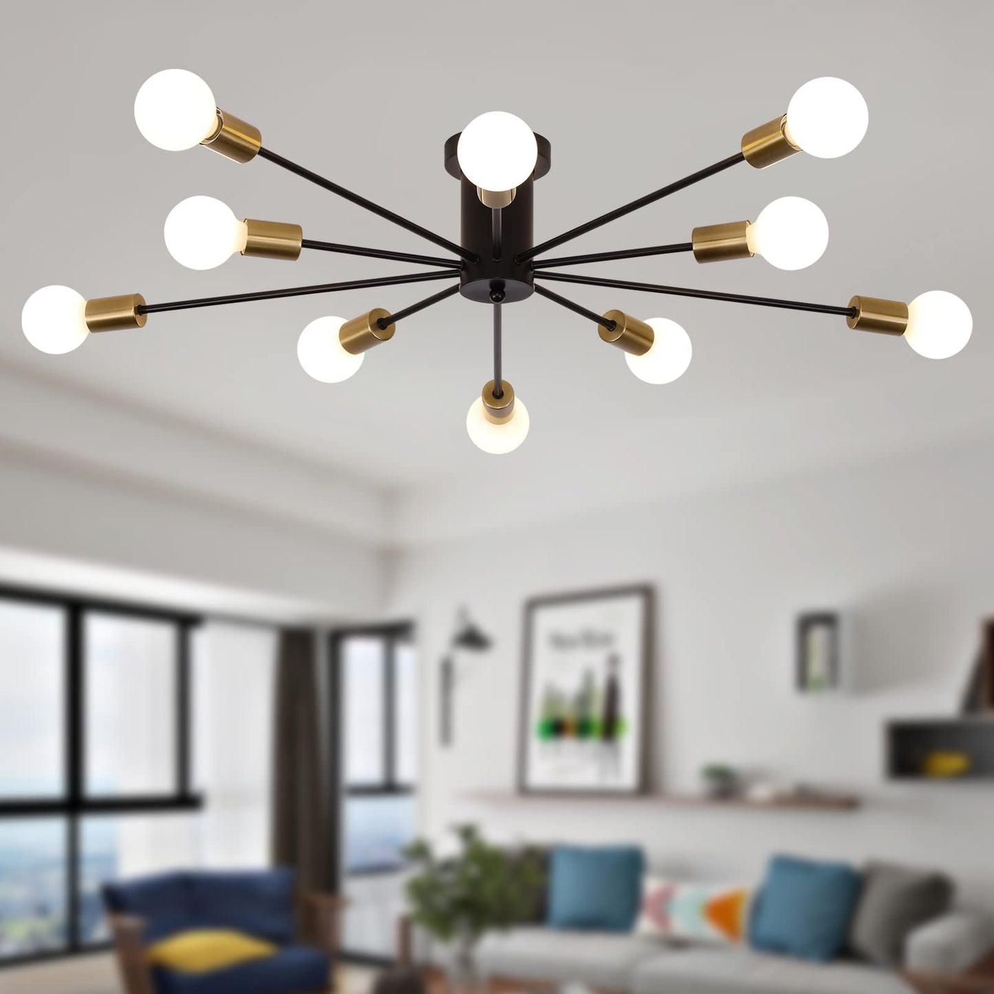 JIINOO 10 Lights Modern Chandelier Ceiling Light Gold Industrial Ceiling Lamp Medieval Semi Flush Mount Chandelier Ceiling Light for Kitchen Dining Room Living Room Bedroom Lighting