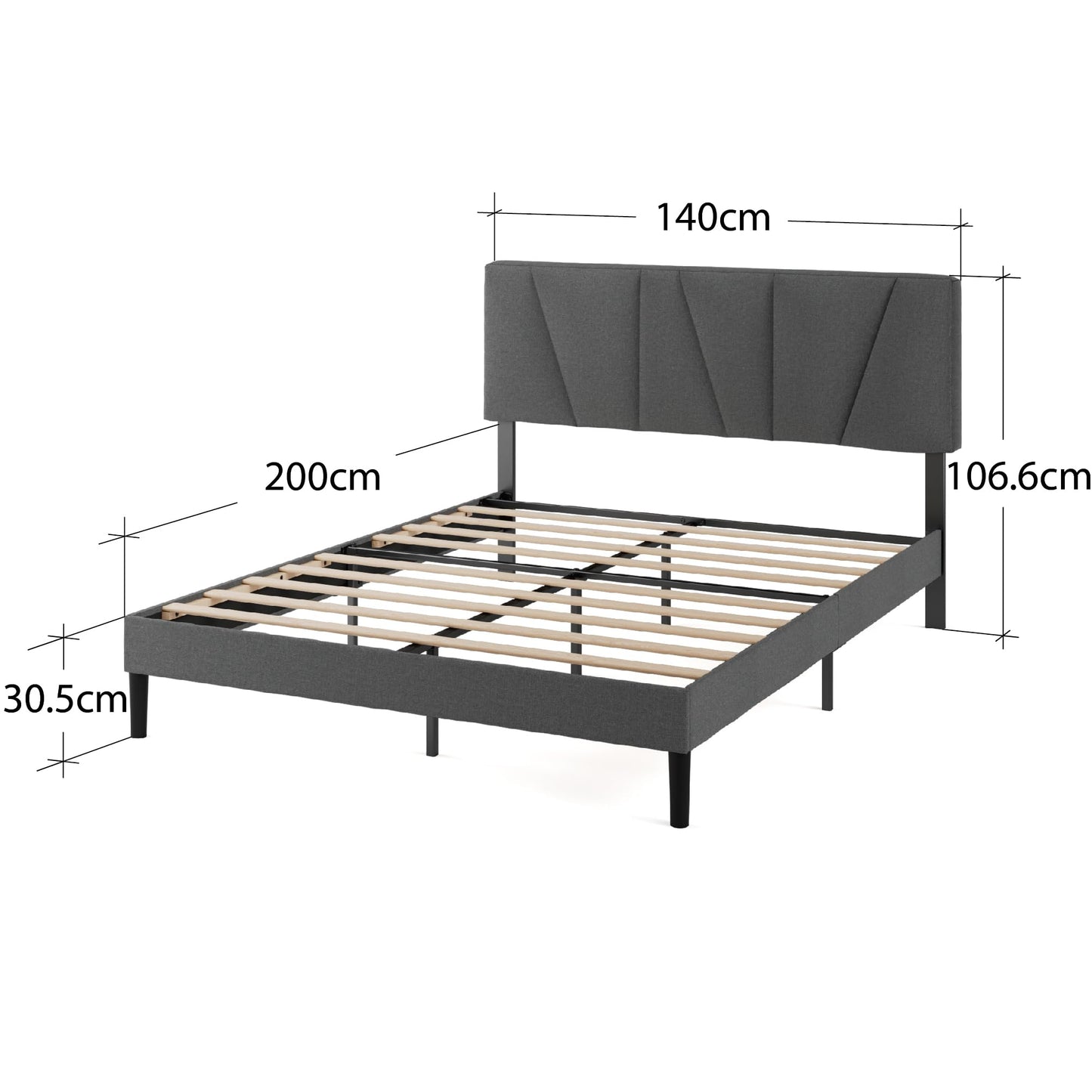 Zinus Maya Bed 180 x 200 cm - Height 30 cm - Padded Bed Frame with Headboard - Wooden Slatted Frame - Dark Grey, Dark Grey