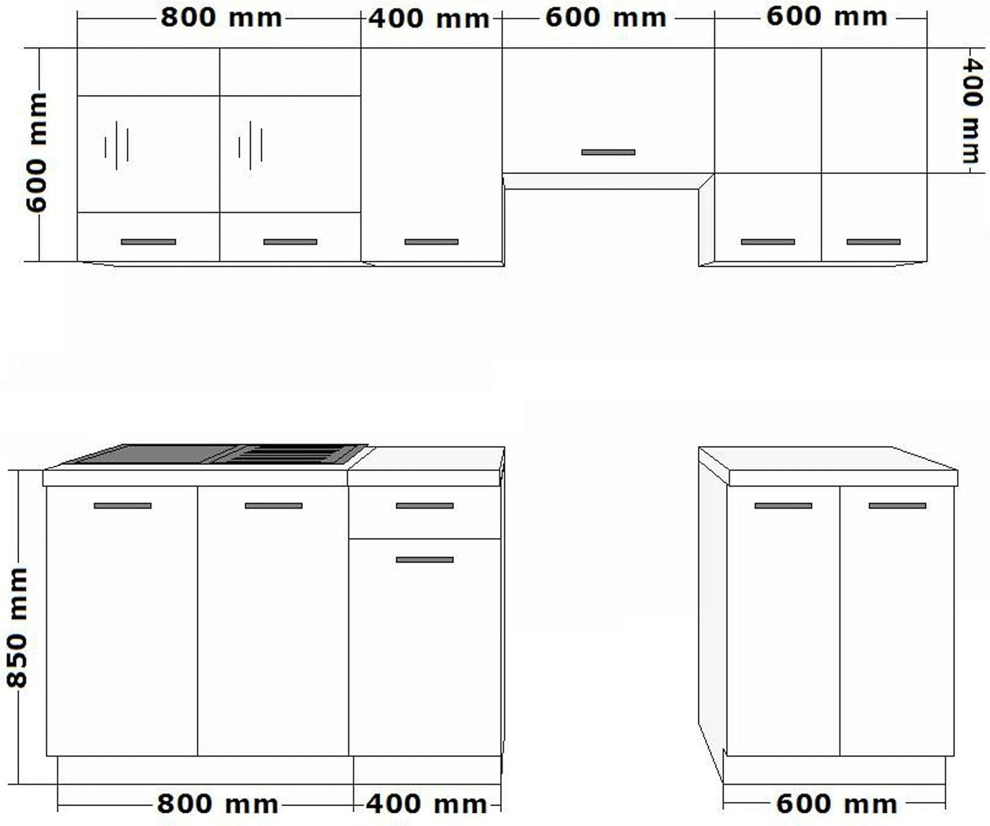 Küche Dave 240 cm Kitchenette / Kitchen Block Variably Adjustable Oak Sonoma Truffle