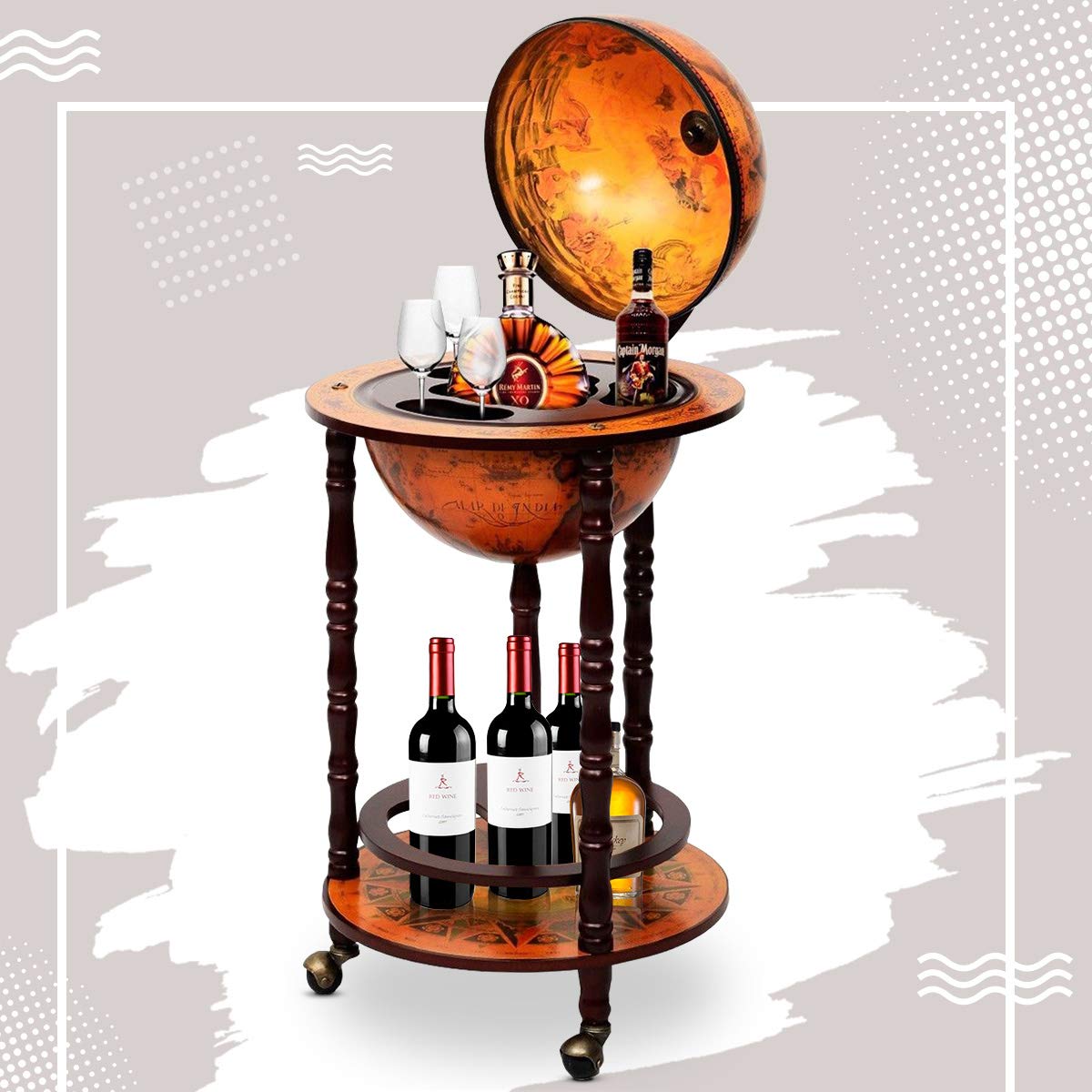 RELAX4LIFE Globe Bar on Wheels, Bar Trolley with World Globe, Bar Table Solid Wood, Serving Trolley with Wine Bottle Holder, Mobile Cocktail Bar, Antique Look, Decorative Mini Bar Serving Table