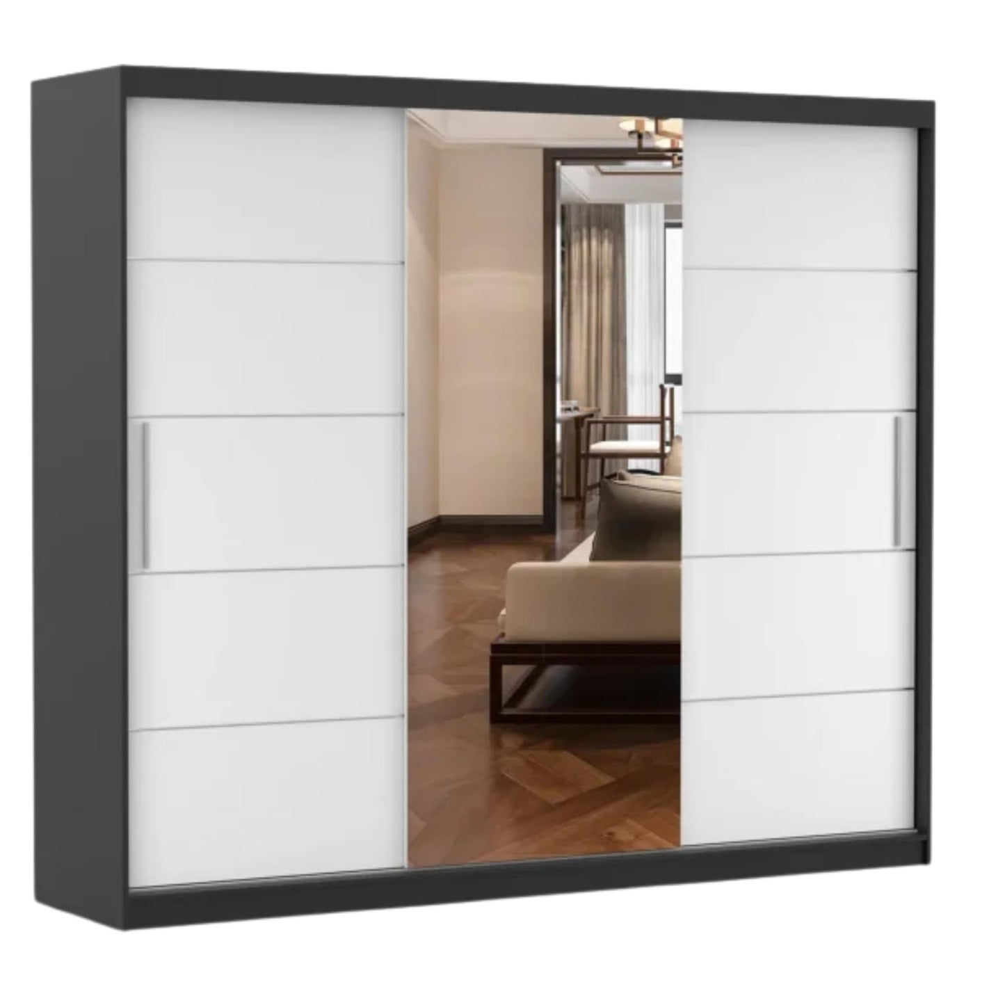 Fabryka Mebli Idźczak Kleiderschrank mit Spiegel, Schiebetüren - Weißer Schwebetürenschrank, Schlafzimmerschrank - 61 x 250 x 218 cm - Schrank für Schlafzimmer, Wohnzimmer, Garderobe