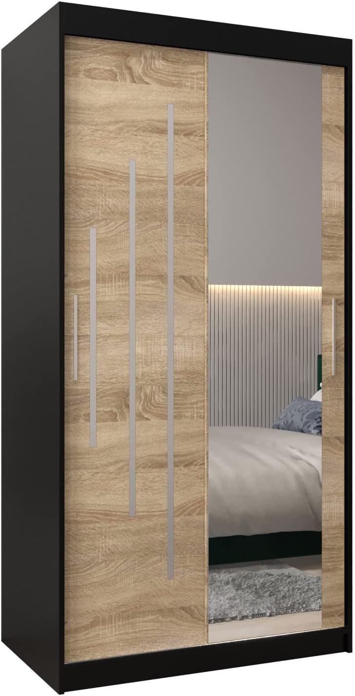MEBLE KRYSPOL Kleiderschrank mit Spiegel York 2 - Garderobenschrank - Schrank Schlafzimmer - Mehrzweckschrank Zwei Schiebetüren - Regalen - Flur Möbel - Kleiderstange Schrank - Allzweckschrank