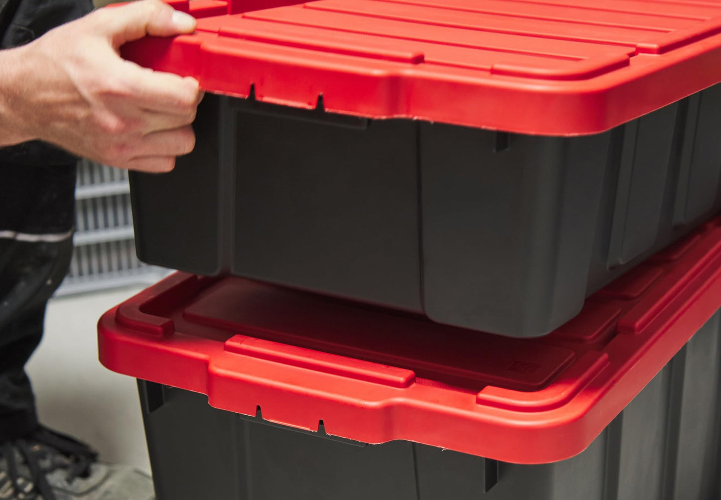 Iris Ohyama, 100L Plastic Storage Box with Heavy Duty Lid, Set of 2, Black, Stackable, Garage Shelves, Moving Moving Plastic Tool Box Storage Box UTB-27