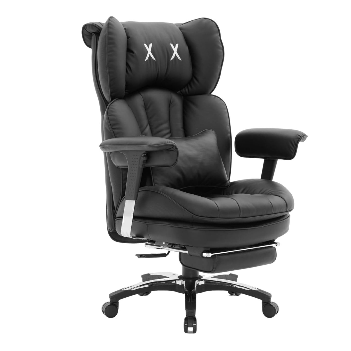 Efomao Bürostuhl, X-Stickerei Big and Tall Stuhl aus PU Leder für Zuhause, Verstellbarer Hochlehner Computer Gaming Stuhl, 200 kg drehbarer Chefsessel mit Fußstütze und Lendenwirbelstütze, Weiß