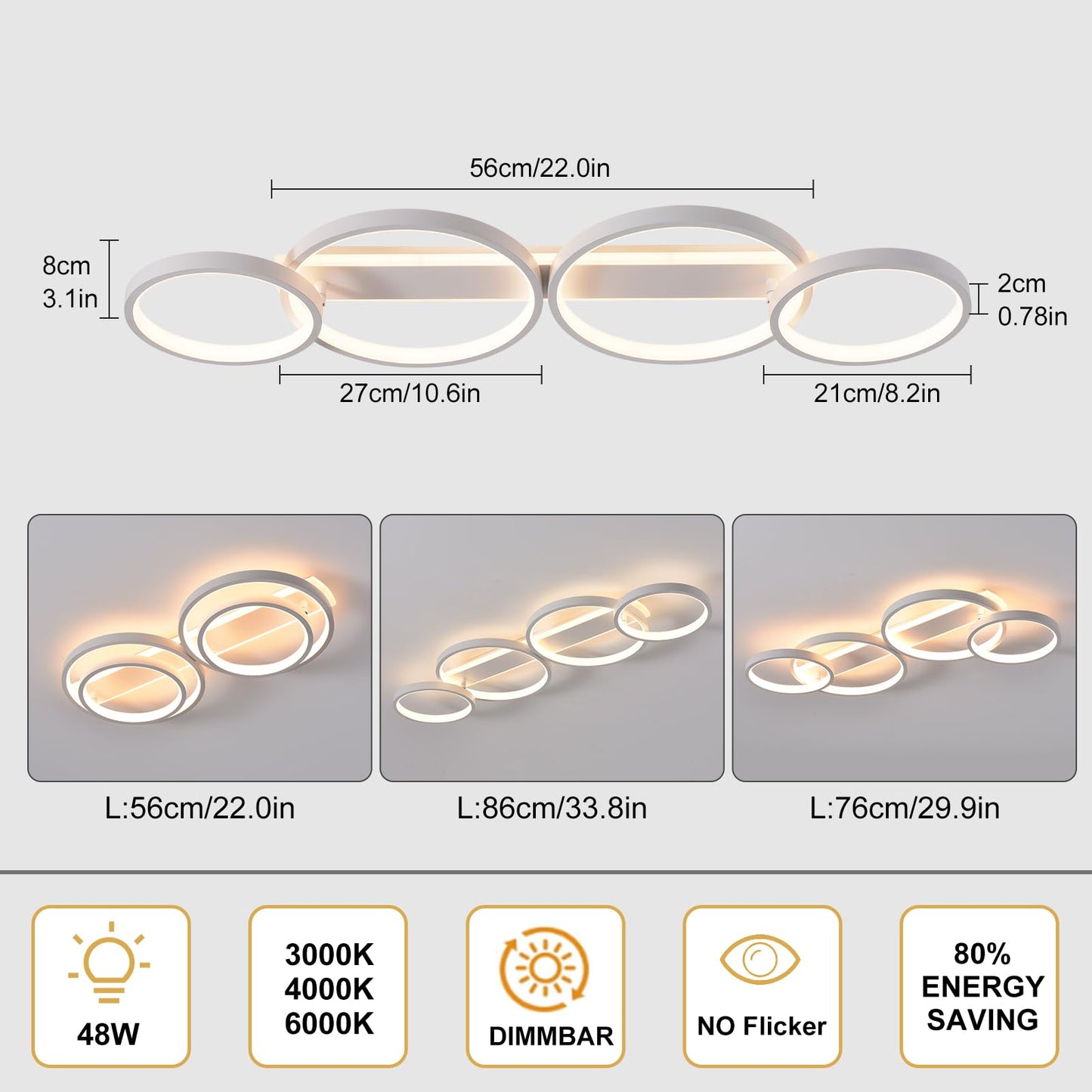 LED Ceiling Lamp, Dimmable Ceiling Light with Remote Control App, Adjustable Ring Shape Living Room Lamp 4 Bulbs Chandelier Lamp, 48 W 3000-6500 K Ceiling Lighting for Bedroom Living Room, Black, 86