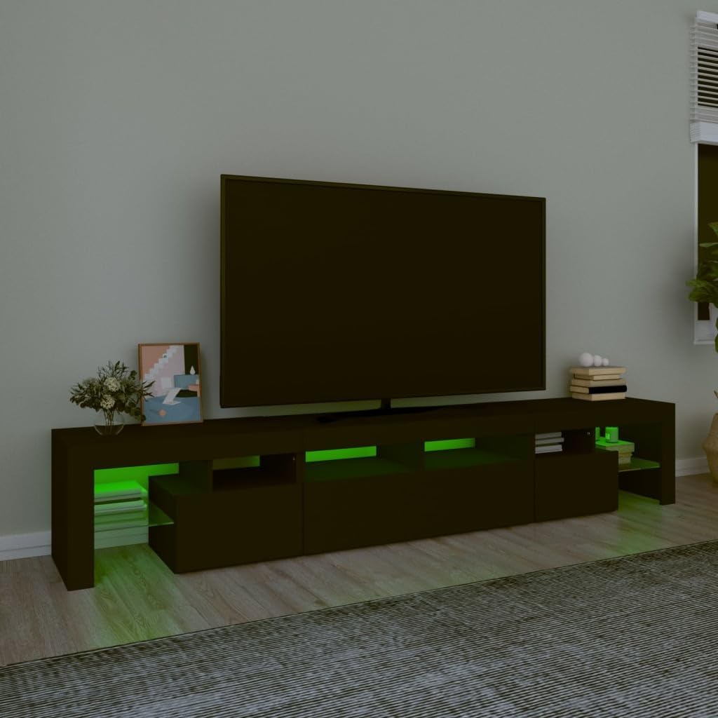 IKAYAA TV Cabinet with LED TV Cabinet, 200 cm Long, TV Lowboard, Wooden TV Table, Modern TV Table, TV Board, TV Cabinet for the Living Room, Black, 230 x 36.5 x 40 cm