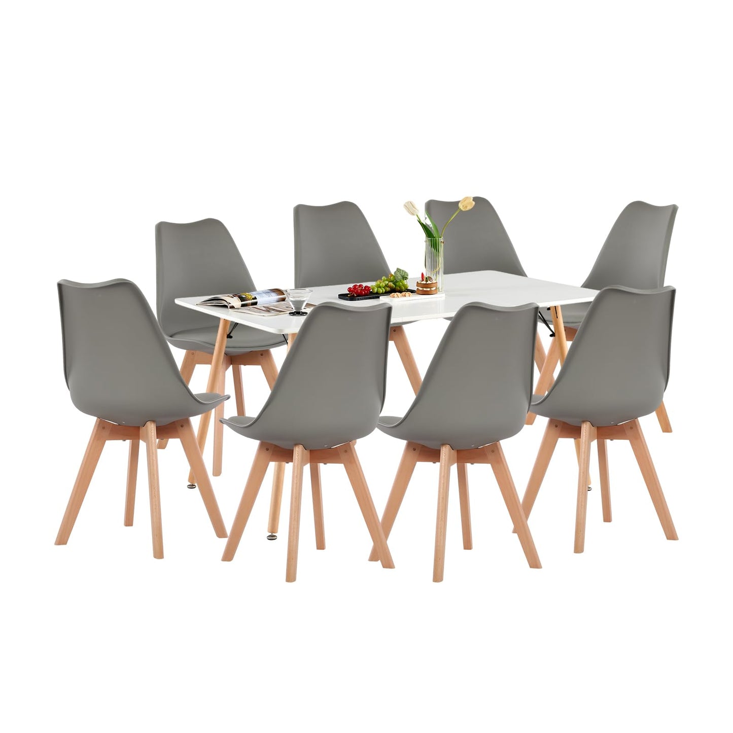 H.J WeDoo Esszimmergruppe mit 4 Essstühlen, Rechteckig Esstisch und Stühle für Esszimmer, Küche, Wohnzimmer, Weißer Esstisch und Graue Stühle