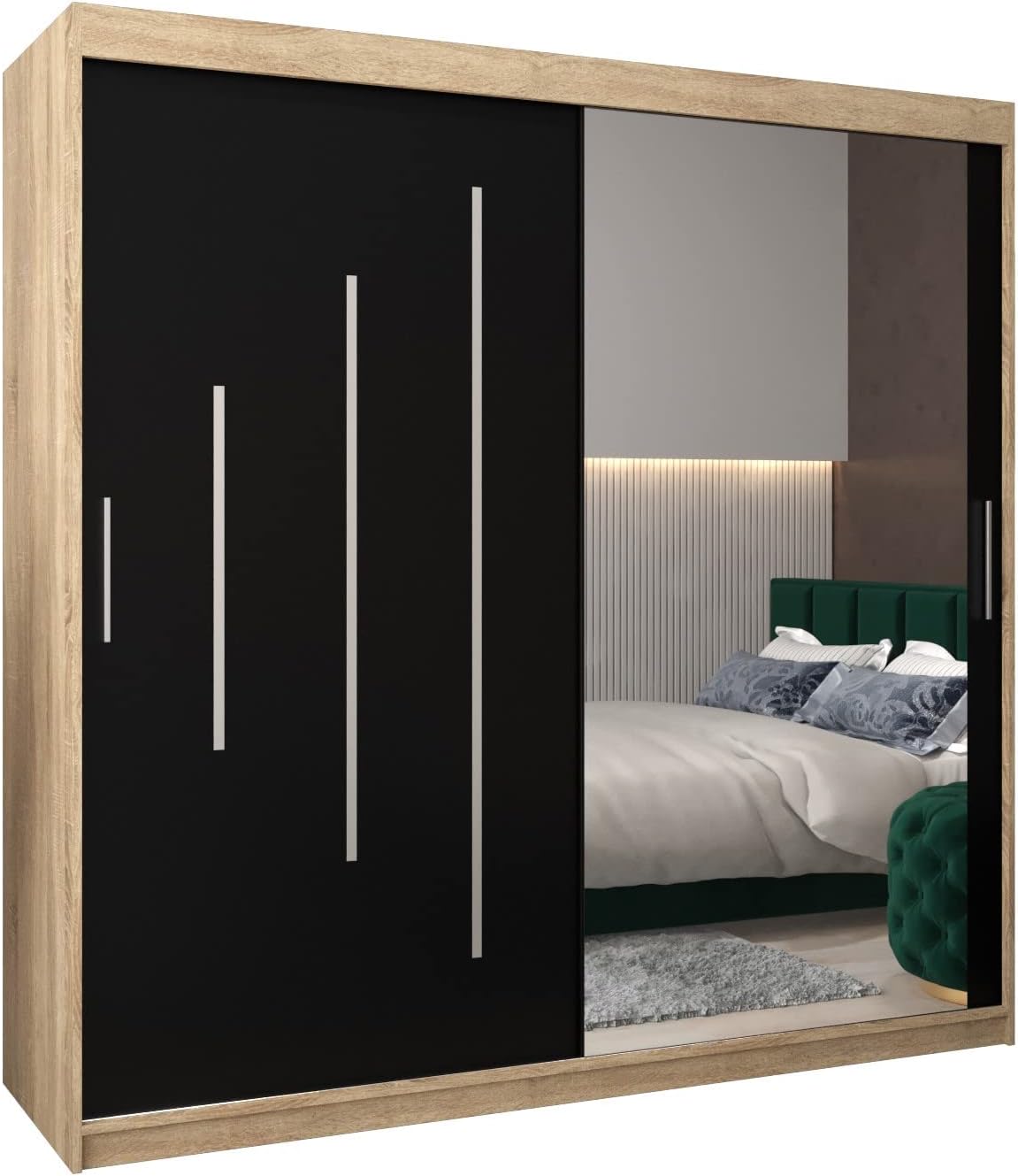 MEBLE KRYSPOL Kleiderschrank mit Spiegel York 2 - Garderobenschrank - Schrank Schlafzimmer - Mehrzweckschrank Zwei Schiebetüren - Regalen - Flur Möbel - Kleiderstange Schrank - Allzweckschrank