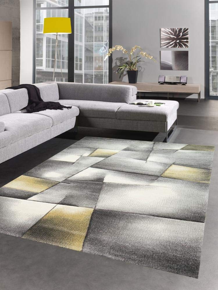 CARPETIA Modern Short Pile Living Room Rug Contour Cut Checked Abstract Grey Black White Turquoise Size 60 x 110 cm