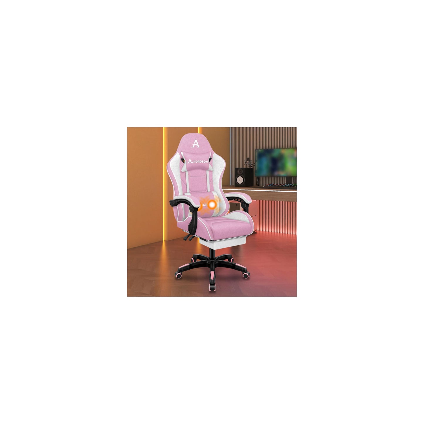 ALFORDSON Gaming-Stuhl mit Massage-Lendenwirbelkissen, ergonomischer Gamer-Racer-Stuhl mit Verstellbarer Rückenlehne, Drehstuhl mit Fußstütze, höhenverstellbar, Schwarz