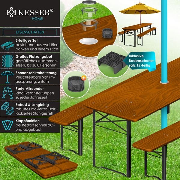 KESSER® Bierzeltgarnitur 3 teilig Gartenmöbel-Set | Klappbar 220 x 50 x 77cm | 2X Bierbänke 1x Biertisch | Festzeltgarnitur Biertisch Stehtisch Sitzgarnitur Holz 16-teiliges Bodenschoner-Set