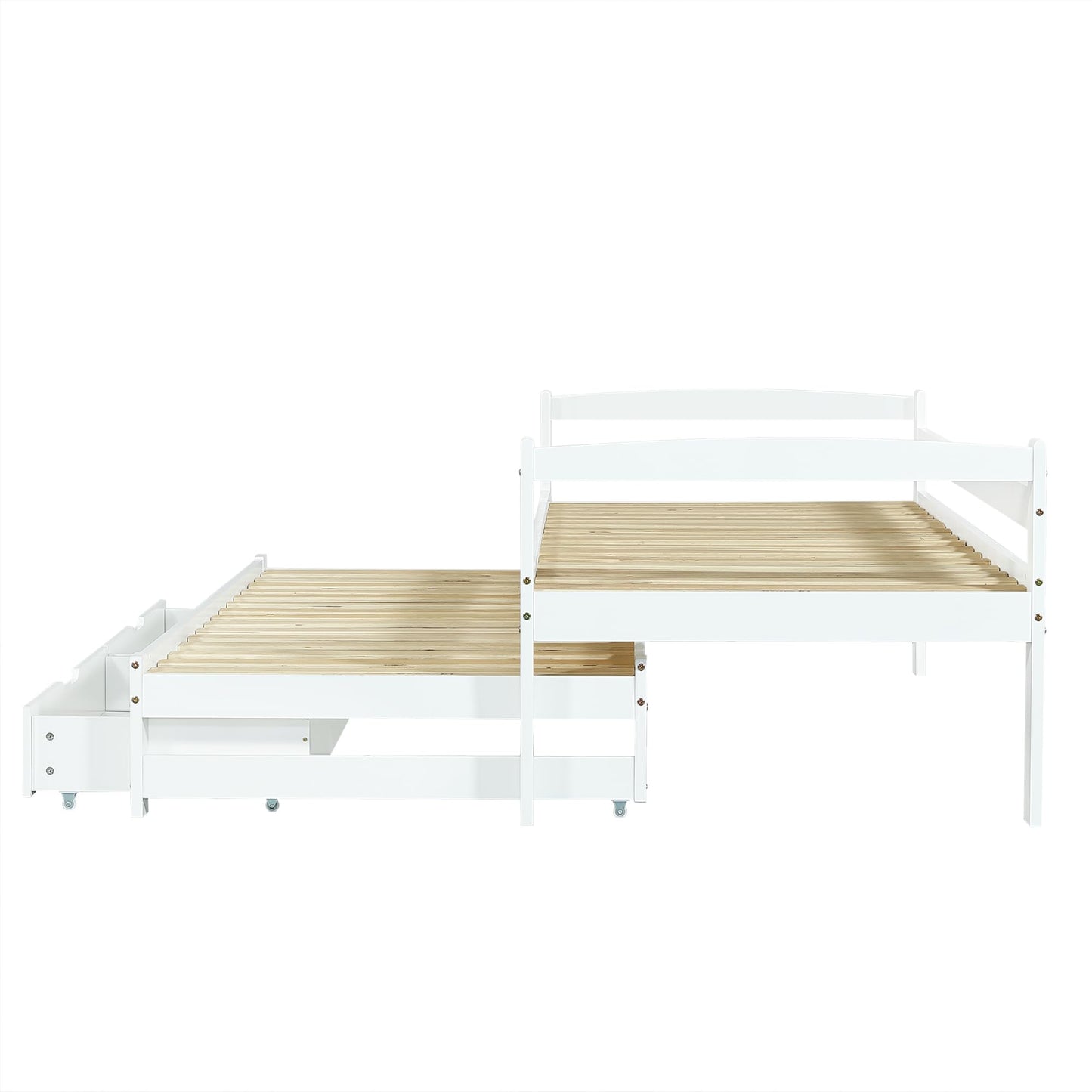Children's Bed 90 x 200 cm, Wooden Bed with Drawers and Board, Headboard with Bookshelf and Fall Protection, Bed with Slatted Frame and Storage Space, Teenager's Bed, Functional Bed, Wooden Bed Frame,