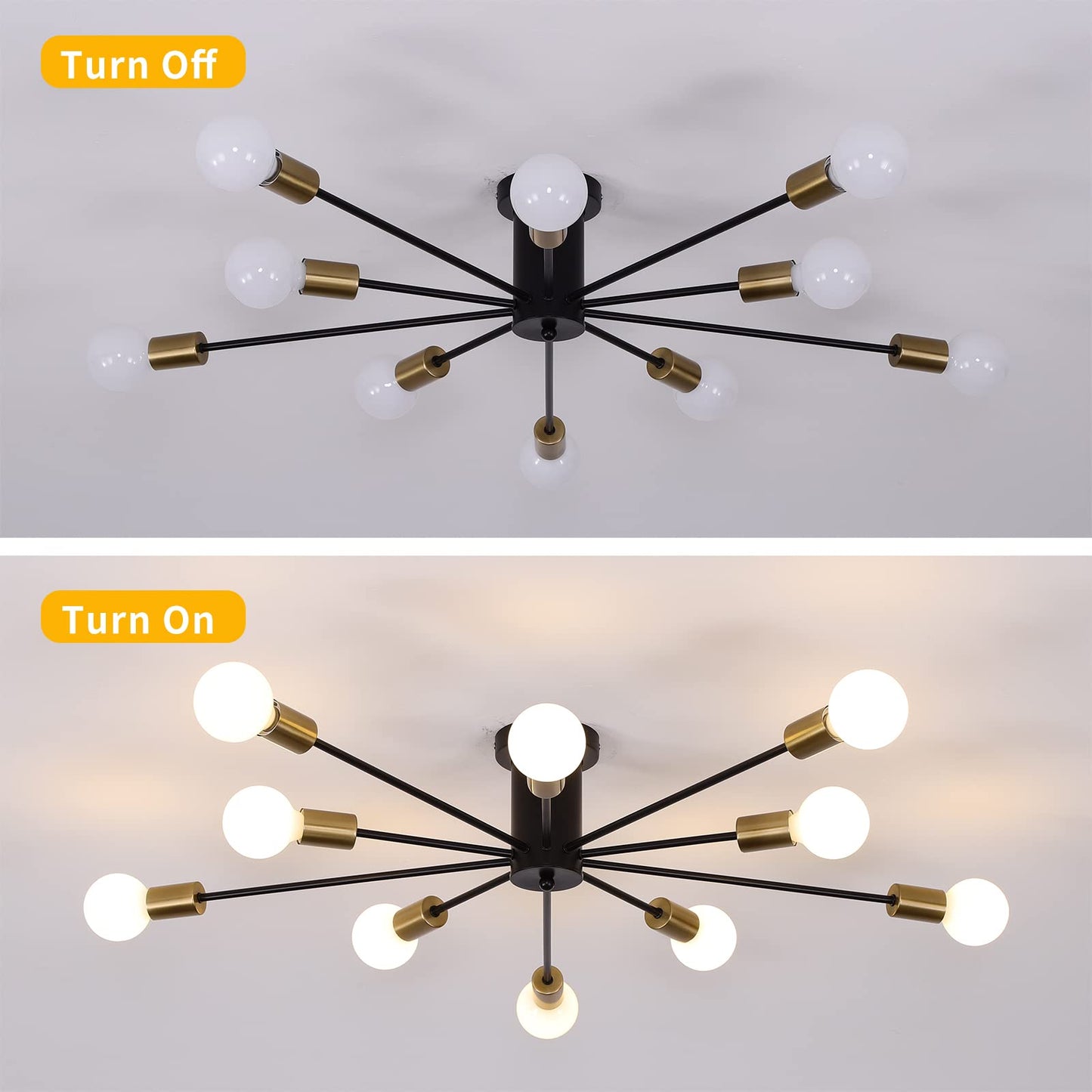 JIINOO 10 Lights Modern Chandelier Ceiling Light Gold Industrial Ceiling Lamp Medieval Semi Flush Mount Chandelier Ceiling Light for Kitchen Dining Room Living Room Bedroom Lighting