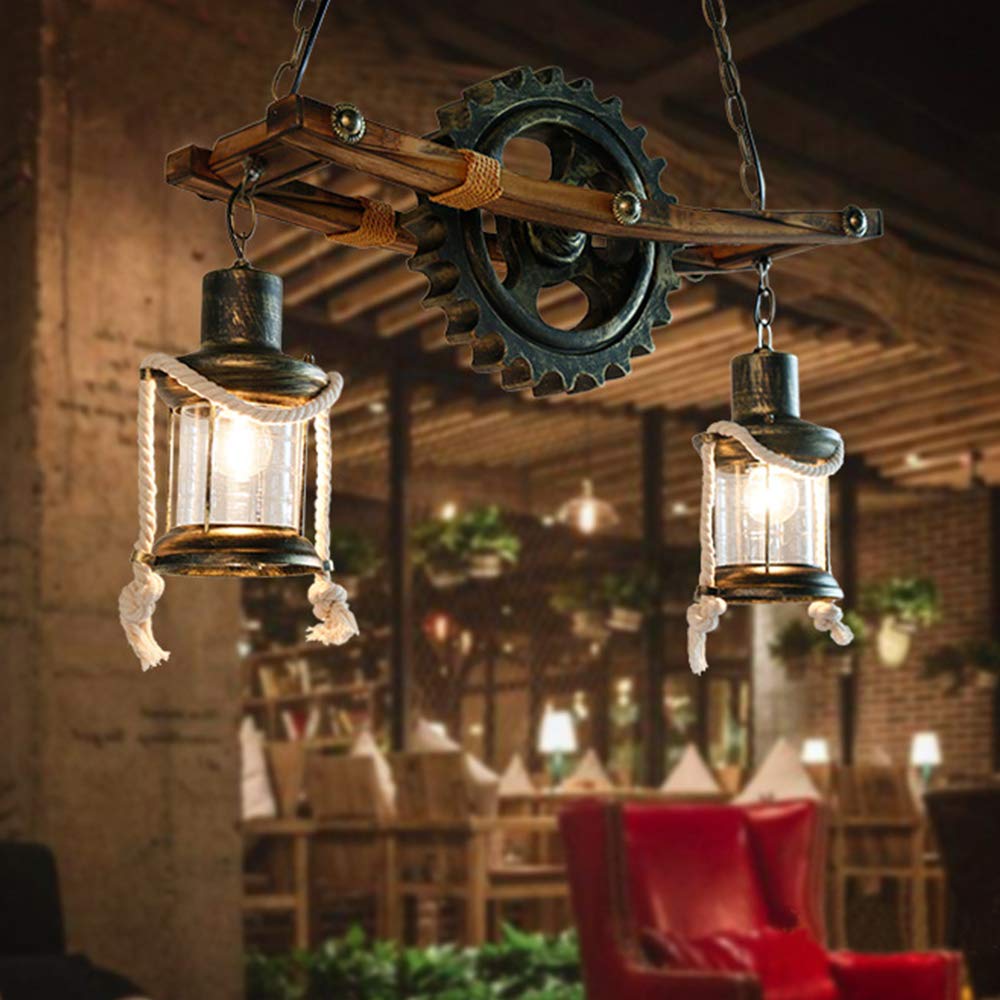 E27 Industrieller Retro Pendelleuchte Massivem Holz Esstisch Lamp Antike Getriebeleuchten Wohnzimmer Kronleuchter Höhenverstellbare Schlafzimmer Hängelampe Bar Dekoration Deckenleuchten (3 Flamme)