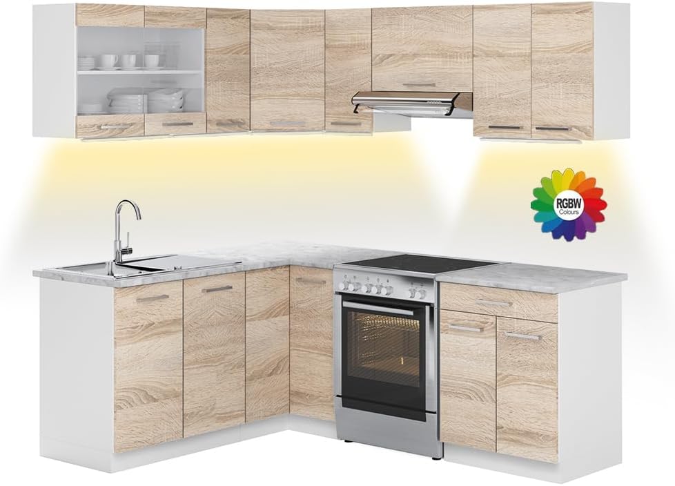 Vicco Kitchen Unit L 210 cm Kitchen Block Angle Corner Built-in Sonoma Oak - Freely Combinable Units - R-Line