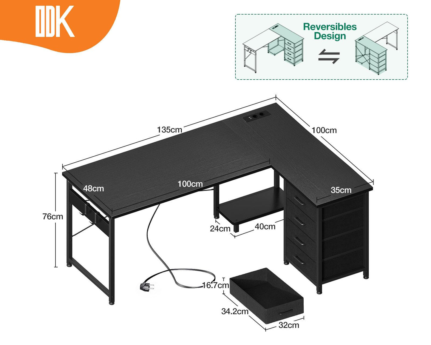 ODK Corner Desk with 4 Drawers, 135 x 100 cm, L Shape Desk with Socket and USB Charging Port, Reversible Desk with Storage Space for Home Office and Gaming, Black