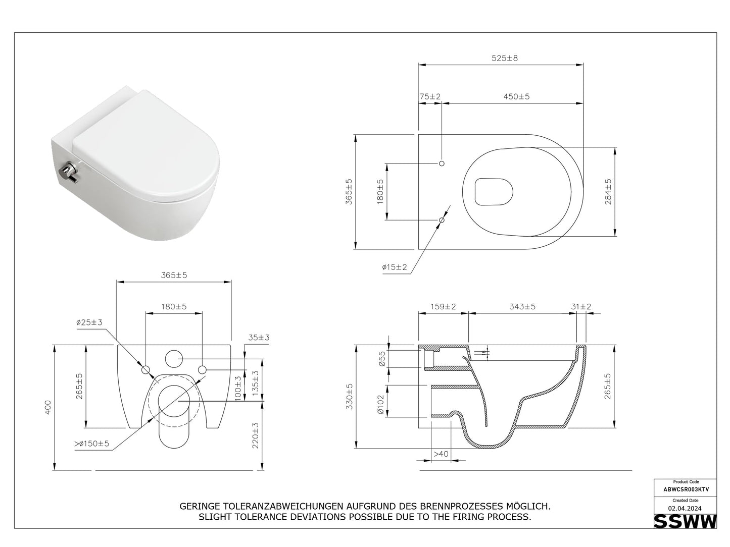 SSWW Taharet Toilet Includes Fitting and Removable Soft-Close Seat, Shower Toilet, Hanging Toilet, Toilet with Bidet Function, Hygienic, Shattaf, Different Versions
