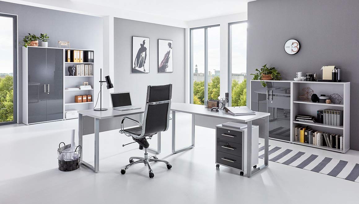 BMG-Moebel.de Büromöbel komplett Set Arbeitszimmer Office Edition in Lichtgrau/Anthrazit Hochglanz (Set 6)
