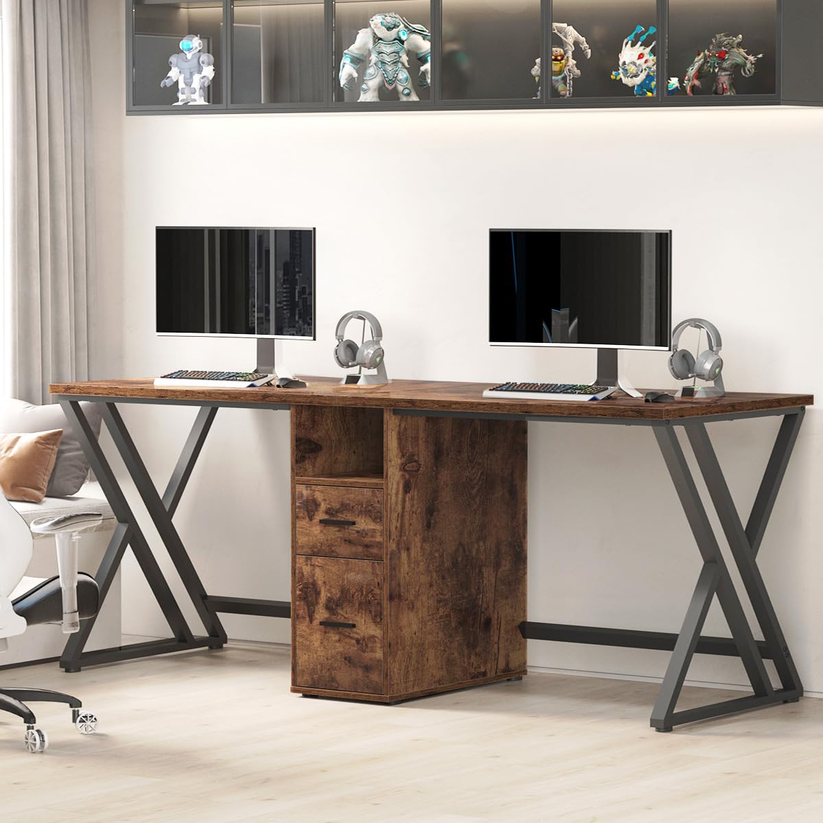 LVB Schwarz Large Double Industrial Computer-Schreibtisch mit Schubladen, Extra Lange Gaming-Tabelle mit Lagerung Schrank Regale, Holz-Metall-Computer-Schreibtisch