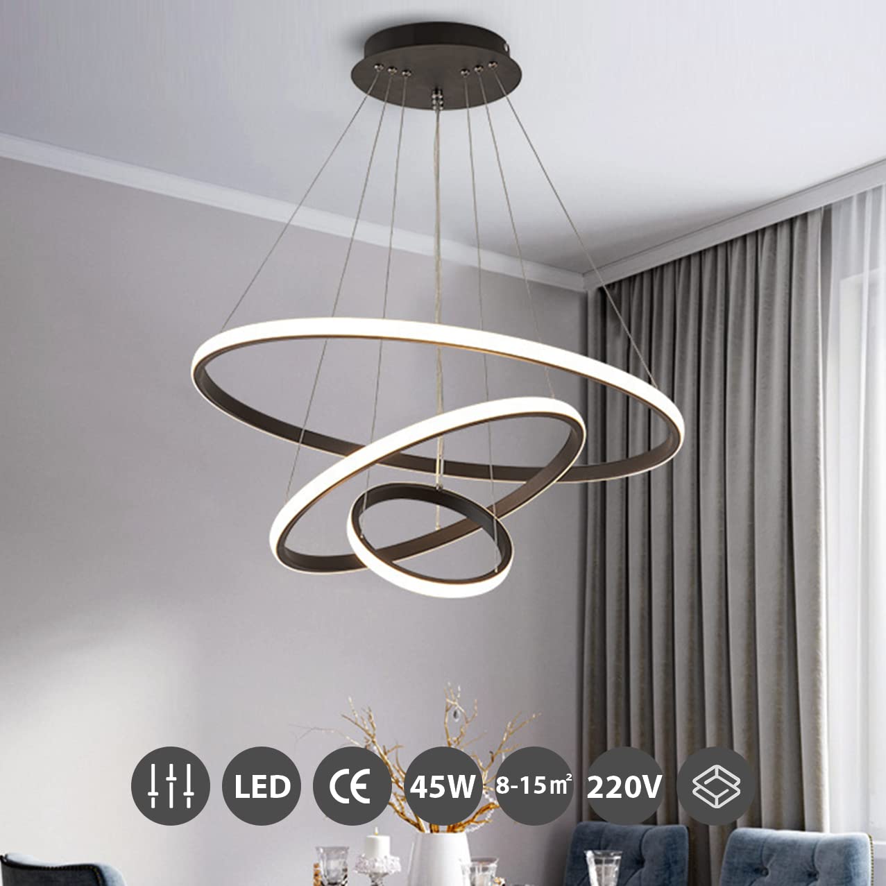 KSIBNW 3 Ringen Moderne LED Hängelampe Esstisch,45W LED Hängeleuchte & Pendelleuchten Höhenverstellbar für Esszimmer Wohnzimmer,Dimmbar Hängeleuchte Aluminium Mit Fernbedienung,3000K-6500K,Schwarz