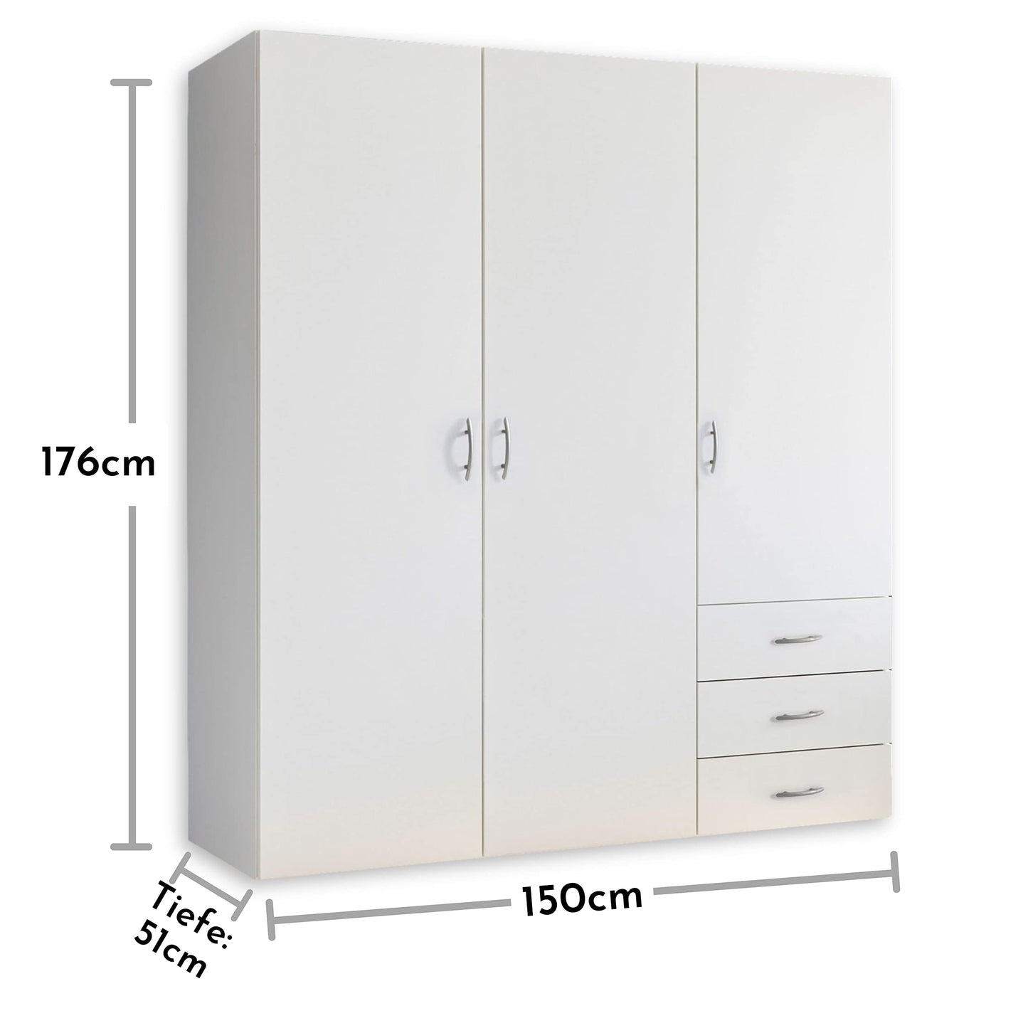Harry Wardrobe White - Versatile Hinged Door Cupboard 3 Doors for Your Bedroom - 150 x 176 x 51 cm (W x H x D)