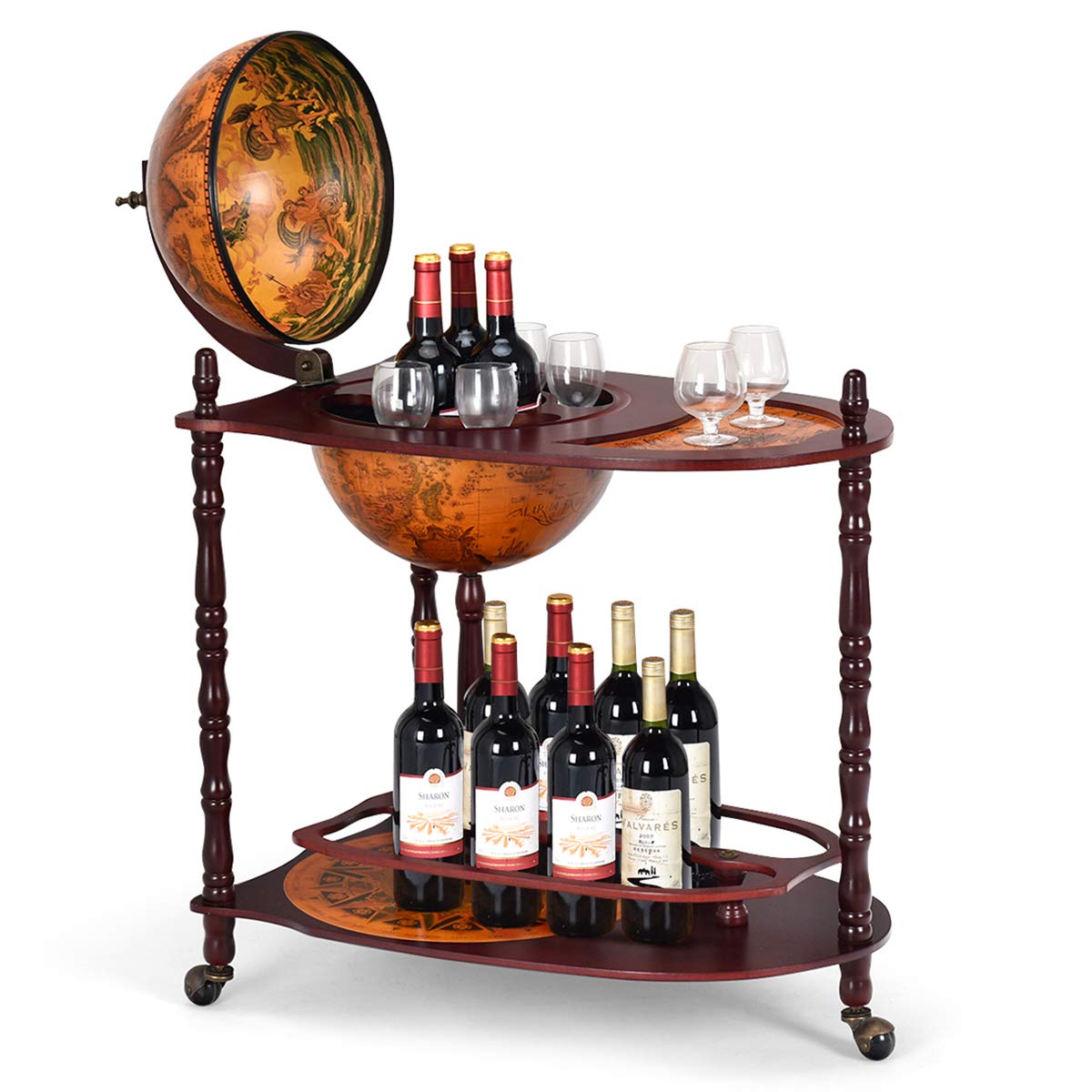 RELAX4LIFE Globe Bar on Wheels, Bar Trolley with World Globe, Bar Table Solid Wood, Serving Trolley with Wine Bottle Holder, Mobile Cocktail Bar, Antique Look, Decorative Mini Bar Serving Table