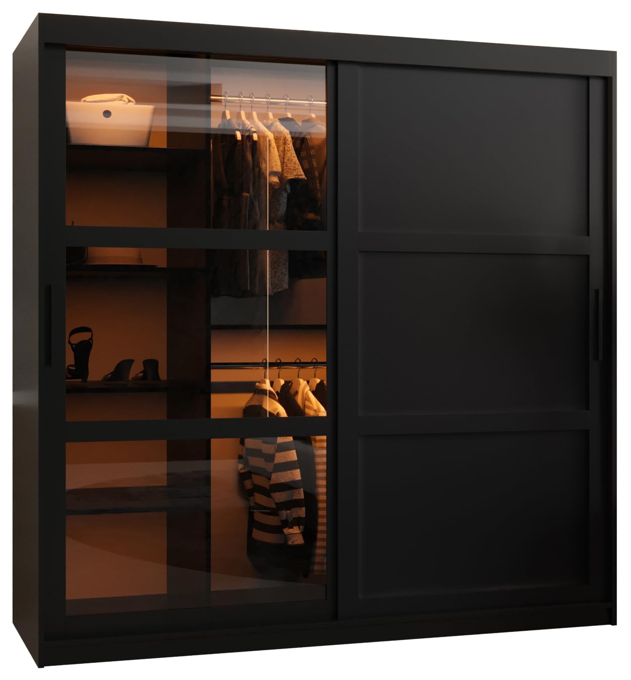 MEBLE KRYSPOL Dome 2 Schrank mit DREI Schiebetüren mit Spiegel, Stangen und Regalen - Aufbewahrungsschrank mit Rauchglas für Schlafzimmer, Wohnzimmer - 200x250x62cm - Schwarz, Schwarz, Schwarz