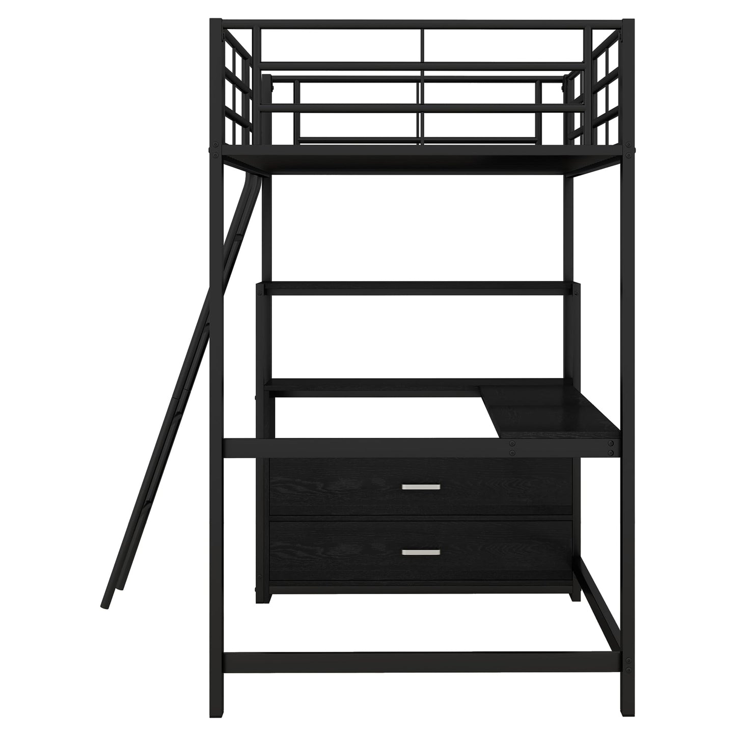 Merax Kinderbett Hochbett 90x200 cm Metallbett mit L-förmigem Schreibtisch, 2 Schubladen und Regal, Bettgestell mit Lattenrost (ohne Matratze) für Kinder/Erwachsene, Schwarz