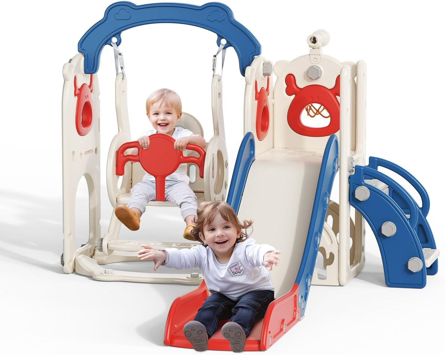 Children's Slide, Large Toddler Slide with Basketball Hoop, Climbing Frame for the Garden, Telescope, Storage Space, for 1-3 Years, Extra Long 1700 mm (7-in-1 Elk Slide Active Model (Khaki)))