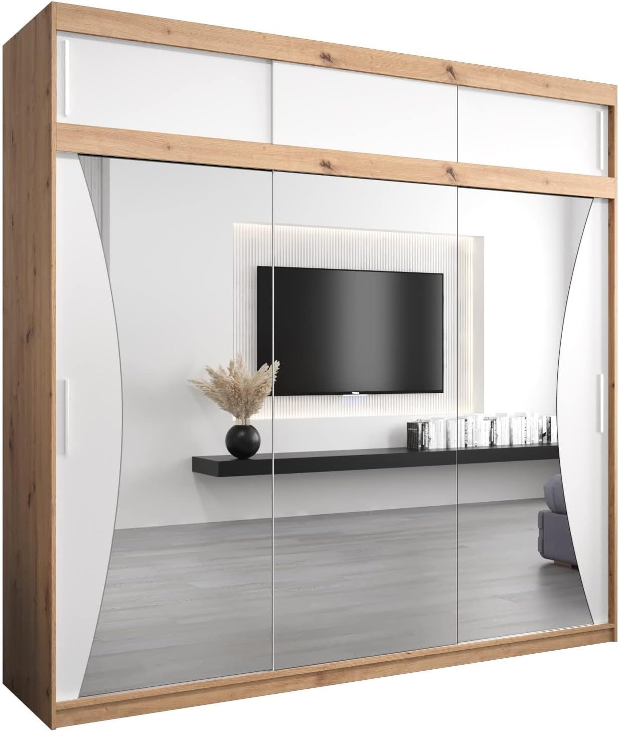 MEBLE KRYSPOL Kleiderschrank mit Spiegel Monaco - Garderobenschrank - Schrank Schlafzimmer - Mehrzweckschrank DREI Schiebetüren - Regalen - Flur Möbel - Kleiderstange Schrank - Allzweckschrank