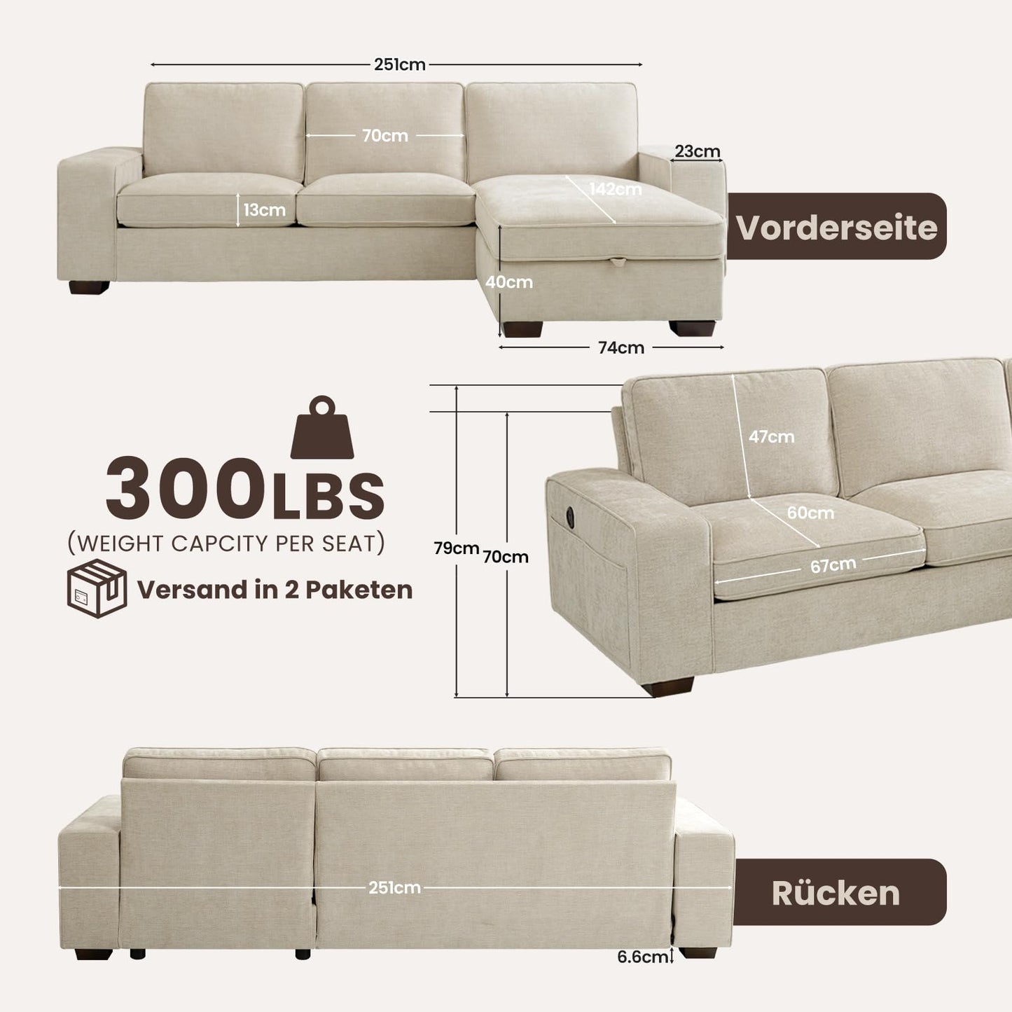 DUANDUAN 250CM Convertible Sektionssofa Couch mit Chaise Lagerung, Moderne L-förmige Reversible Design, Bequeme Chenille Stoff, abnehmbare Kissenbezüge USB Typ-C Ports Wohnzimmer(Beige)