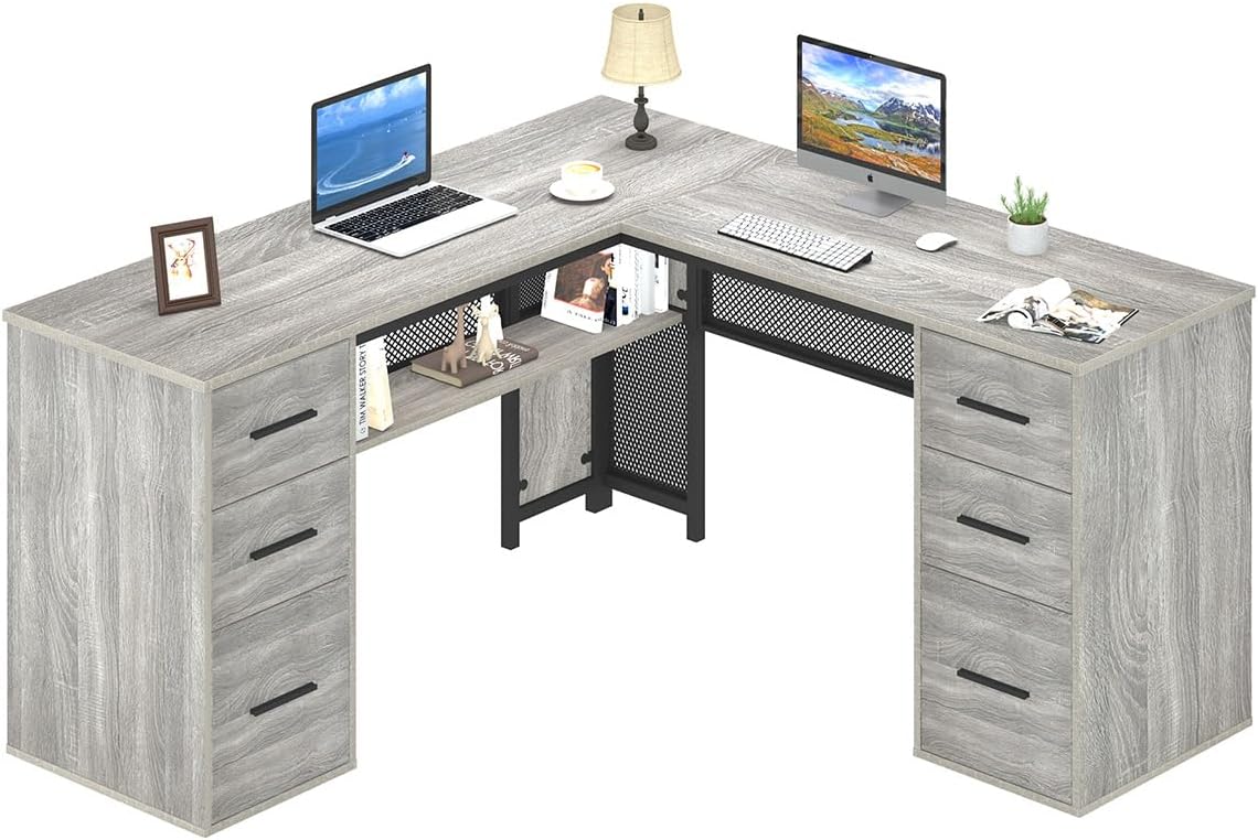 HSH - Black L Shape Corner Desk with Filing Drawers and Shelves, Reversible Corner Desk Made of Metal and Wood with Storage Cabinets