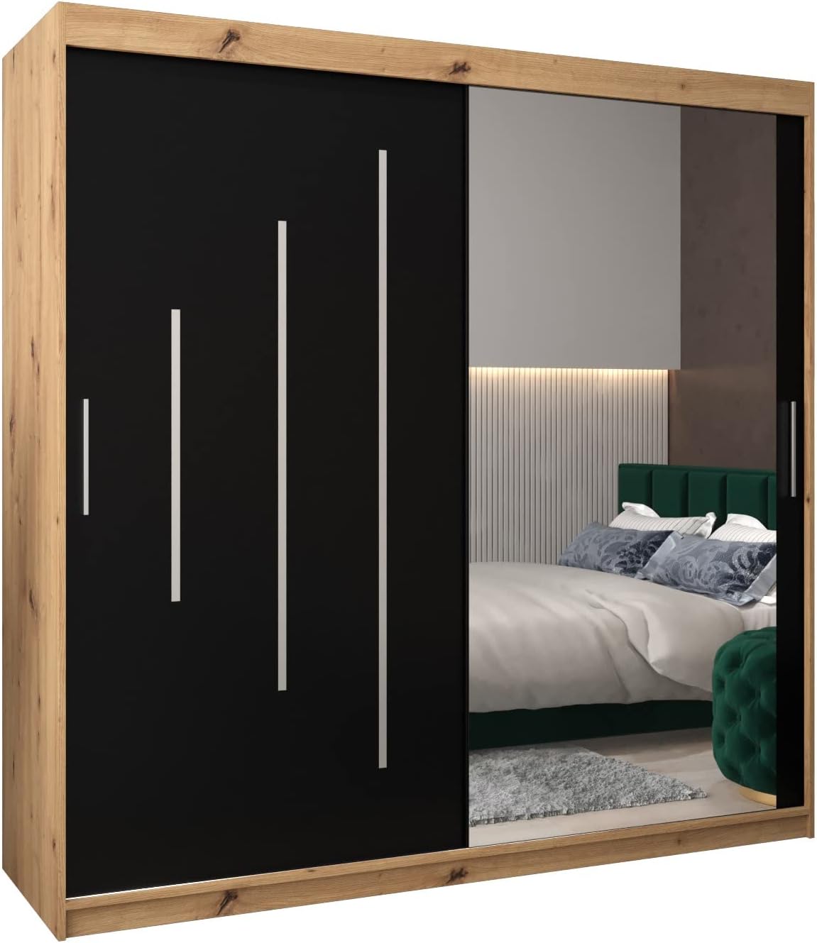 MEBLE KRYSPOL Kleiderschrank mit Spiegel York 2 - Garderobenschrank - Schrank Schlafzimmer - Mehrzweckschrank Zwei Schiebetüren - Regalen - Flur Möbel - Kleiderstange Schrank - Allzweckschrank