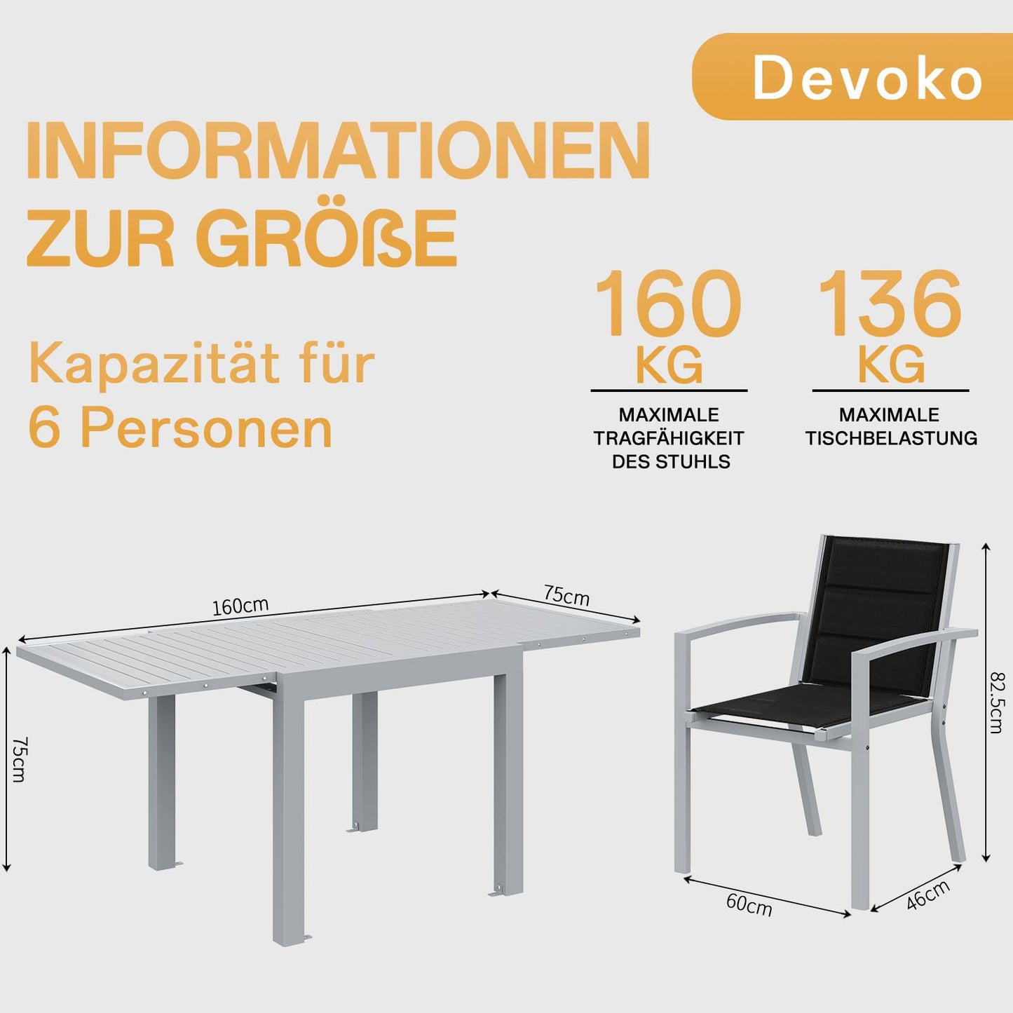 Devoko Garden Furniture Set for 8 People, 8 + 1 Aluminium Table and Chairs Set, Balcony Furniture, 8 Stackable Garden Chairs and 1 130/260 cm Stretchy Garden Table, Patio Furniture Sets Outdoor