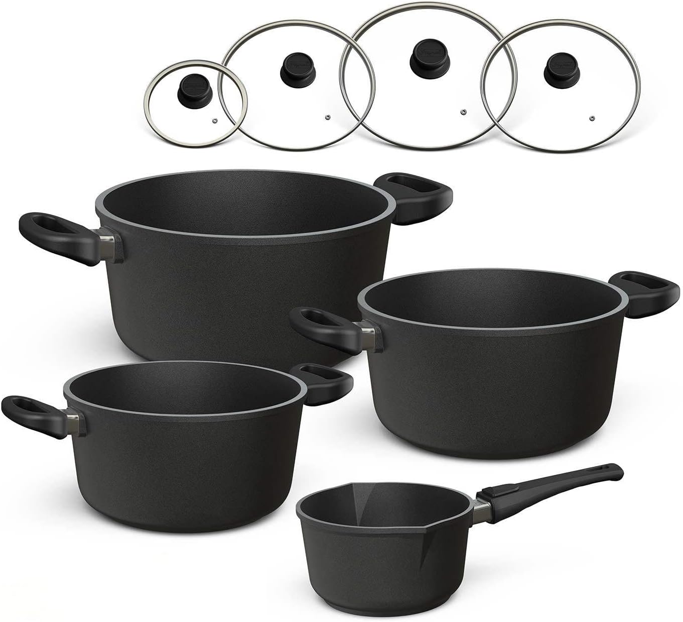 Hoffmann Töpfeset Induktion mit Glasdeckel, 8-teilig I Set alle Herdarten auch Induktion I Kochtöpfe und Stielkasserolle Made in Germany 100% verzugsfrei