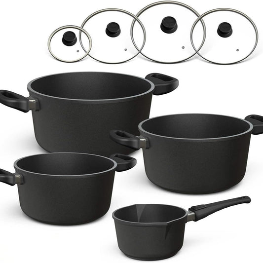 Hoffmann Töpfeset Induktion mit Glasdeckel, 8-teilig I Set alle Herdarten auch Induktion I Kochtöpfe und Stielkasserolle Made in Germany 100% verzugsfrei