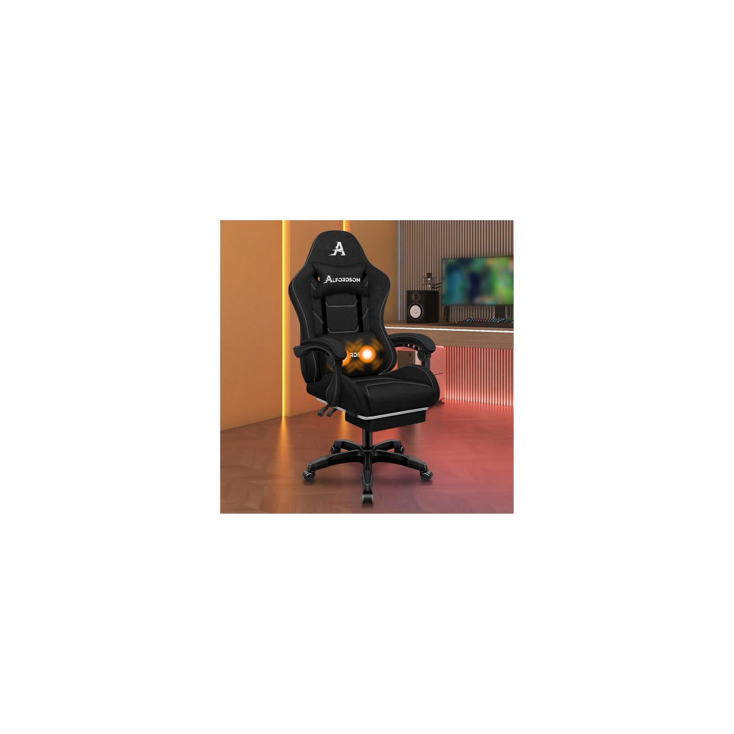ALFORDSON Gaming-Stuhl mit Massage-Lendenwirbelkissen, ergonomischer Gamer-Racer-Stuhl mit Verstellbarer Rückenlehne, Drehstuhl mit Fußstütze, höhenverstellbar, Schwarz
