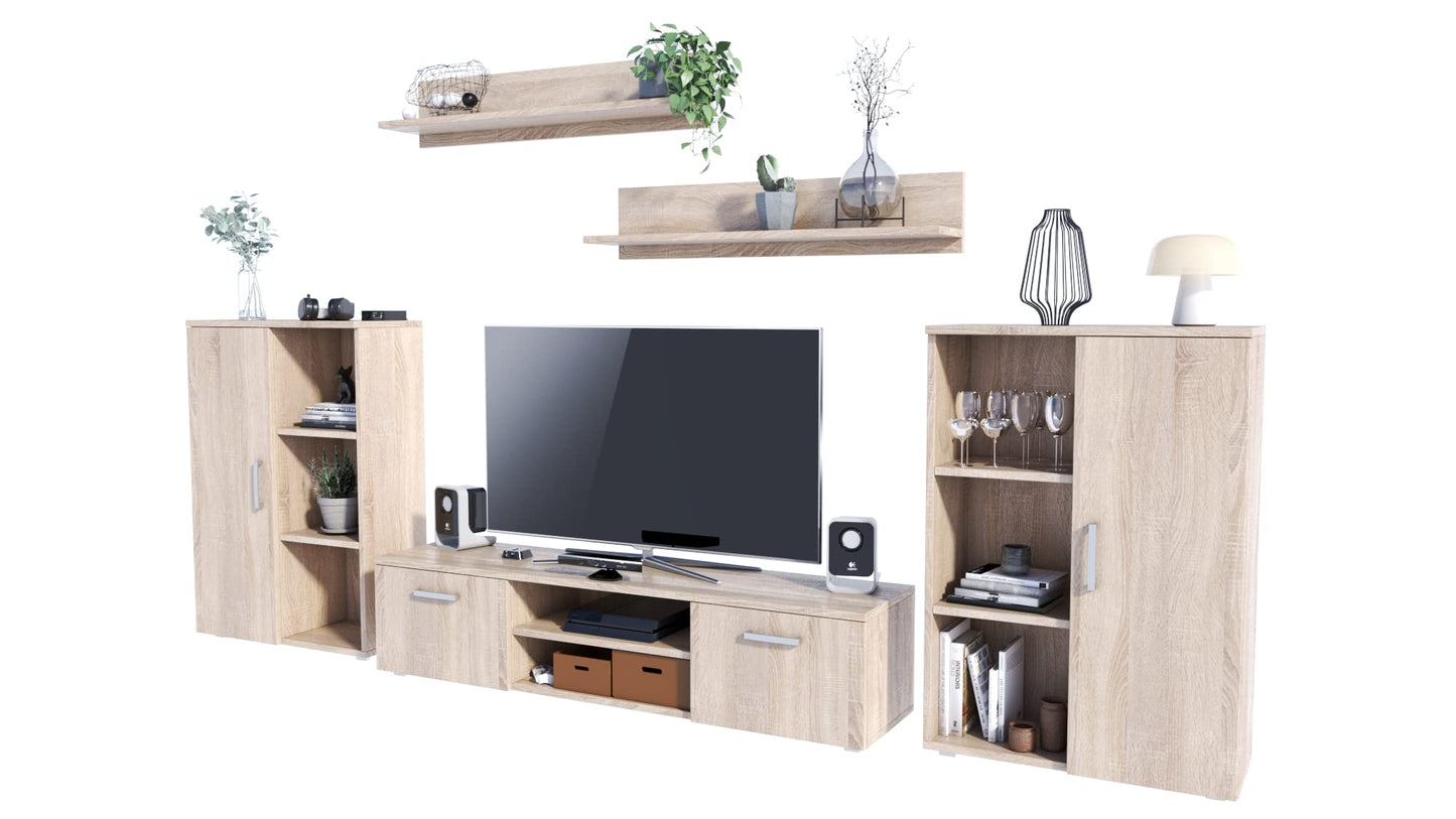 MATKAM Herkules II Wall Unit, Modern Living Room Cabinet with TV Table, Sideboard and Wall Shelf, Living Room Complete Furniture (White/Black)