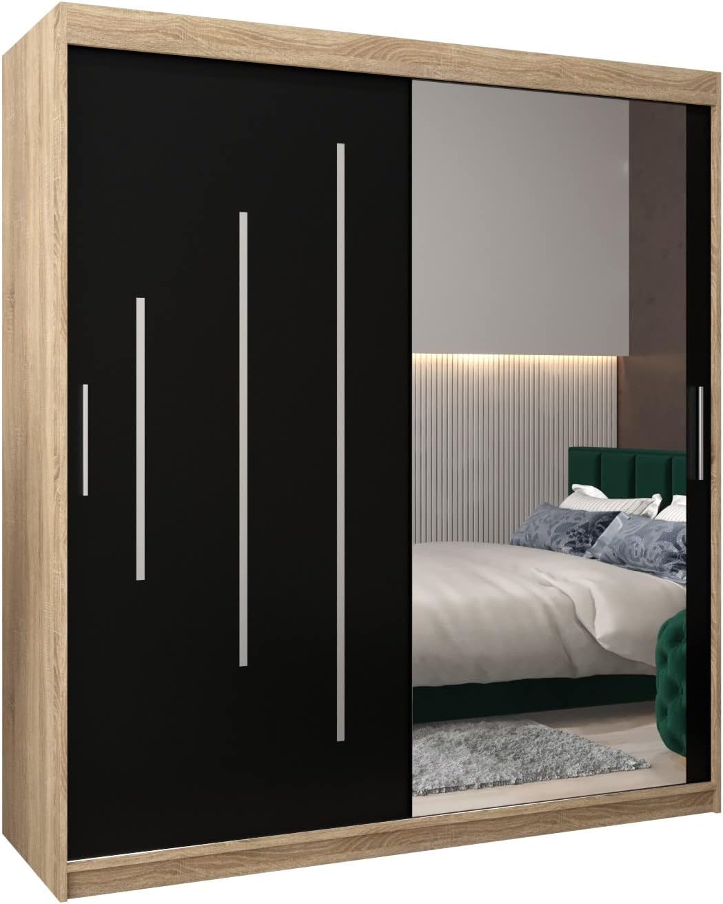 MEBLE KRYSPOL Kleiderschrank mit Spiegel York 2 - Garderobenschrank - Schrank Schlafzimmer - Mehrzweckschrank Zwei Schiebetüren - Regalen - Flur Möbel - Kleiderstange Schrank - Allzweckschrank