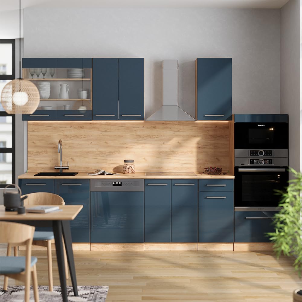 Vicco Küchenzeile Fame-Line, Anthrazit Hochglanz/Goldkraft Eiche, 300 cm mit Hochschrank, ohne Arbeitsplatte