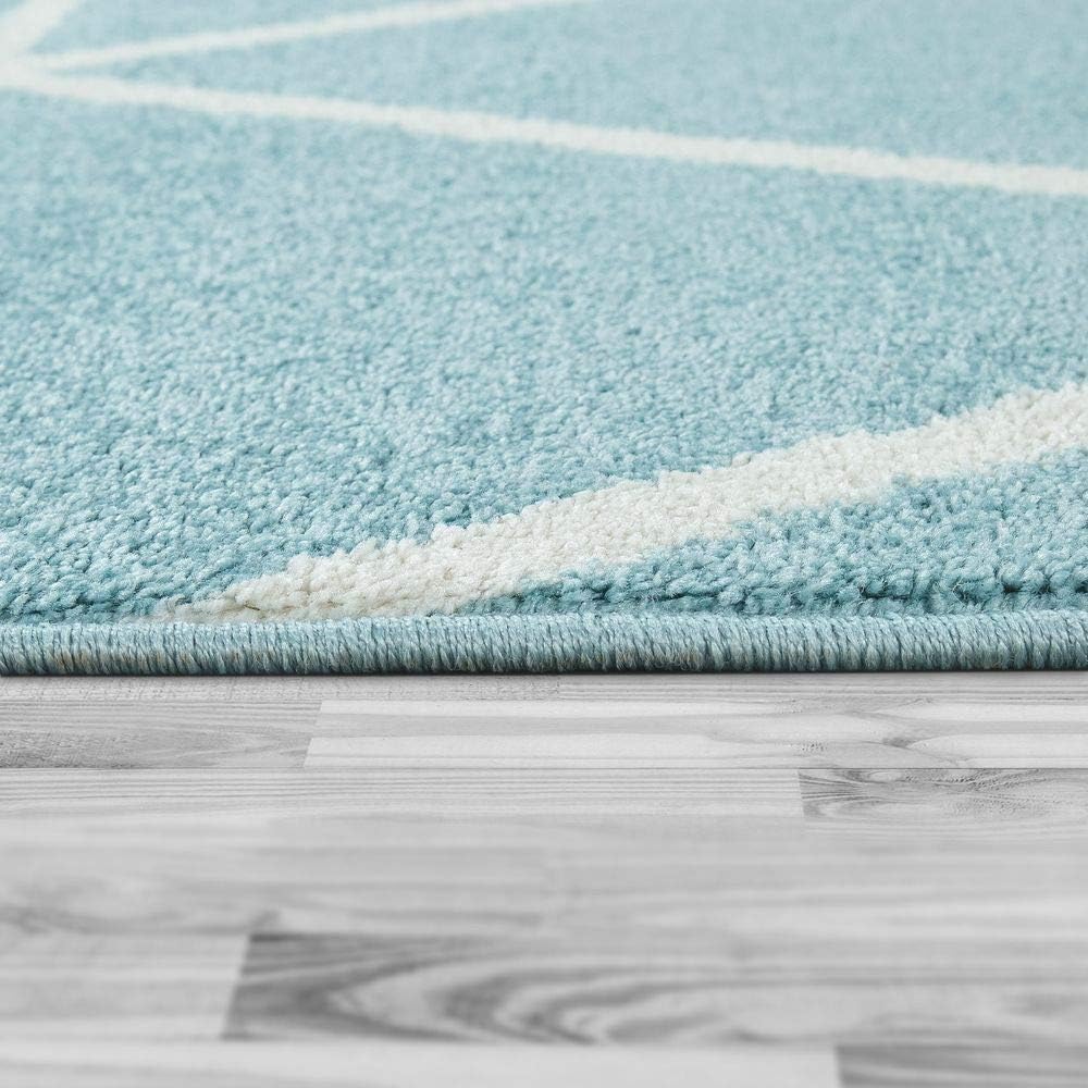Paco Home Teppich Wohnzimmer Skaninavisches Rauten Design Weich Pastellfarben Kurzflor Blau Weiß, Grösse:60x100 cm