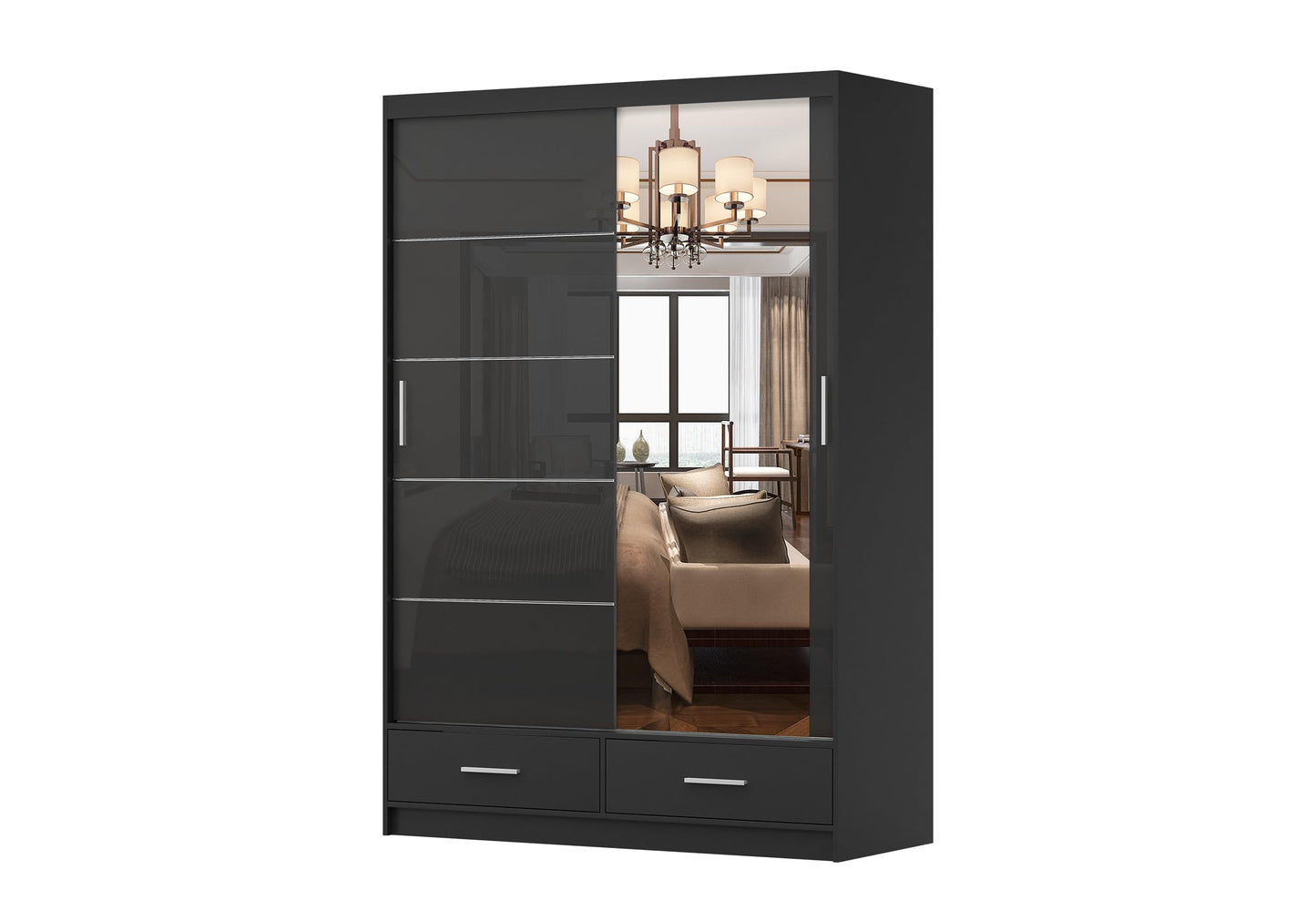 Fabryka Mebli Idźczak Kleiderschrank mit Spiegel weiß - Schwebetürenschrank - Schlafzimmerschrank - 61 x 250 x 218 cm - Wohnzimmerschrank - Garderobenschrank, Schrank mit 2 Türen, 4 Schubladen