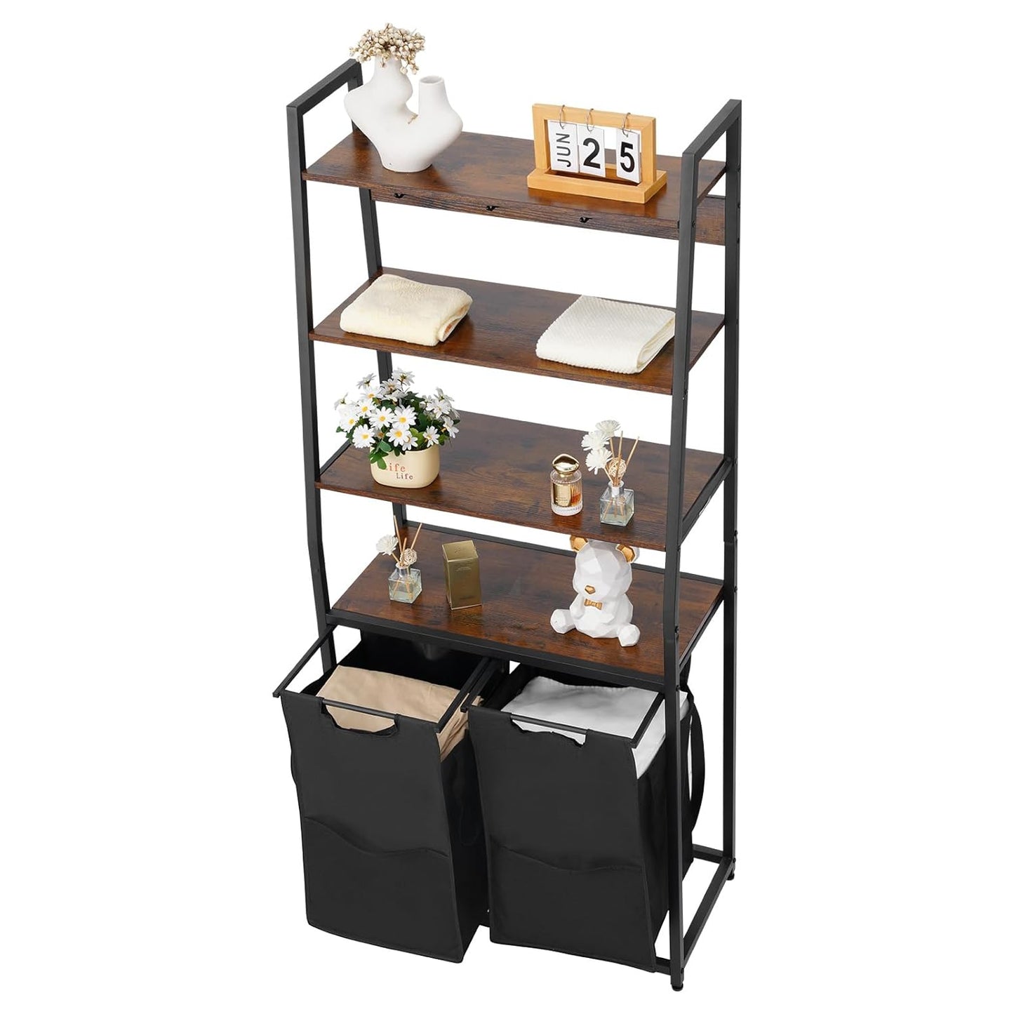 VEVOR Wäschekorb Wäschesortierer mit 4 Ebenen (600D Oxfordstoff), Wäschesammler mit Leiterregalen, Wäschetrenner Wäsche-Sortiersystem für schmutzige Kleidung Waschküche Schwarz