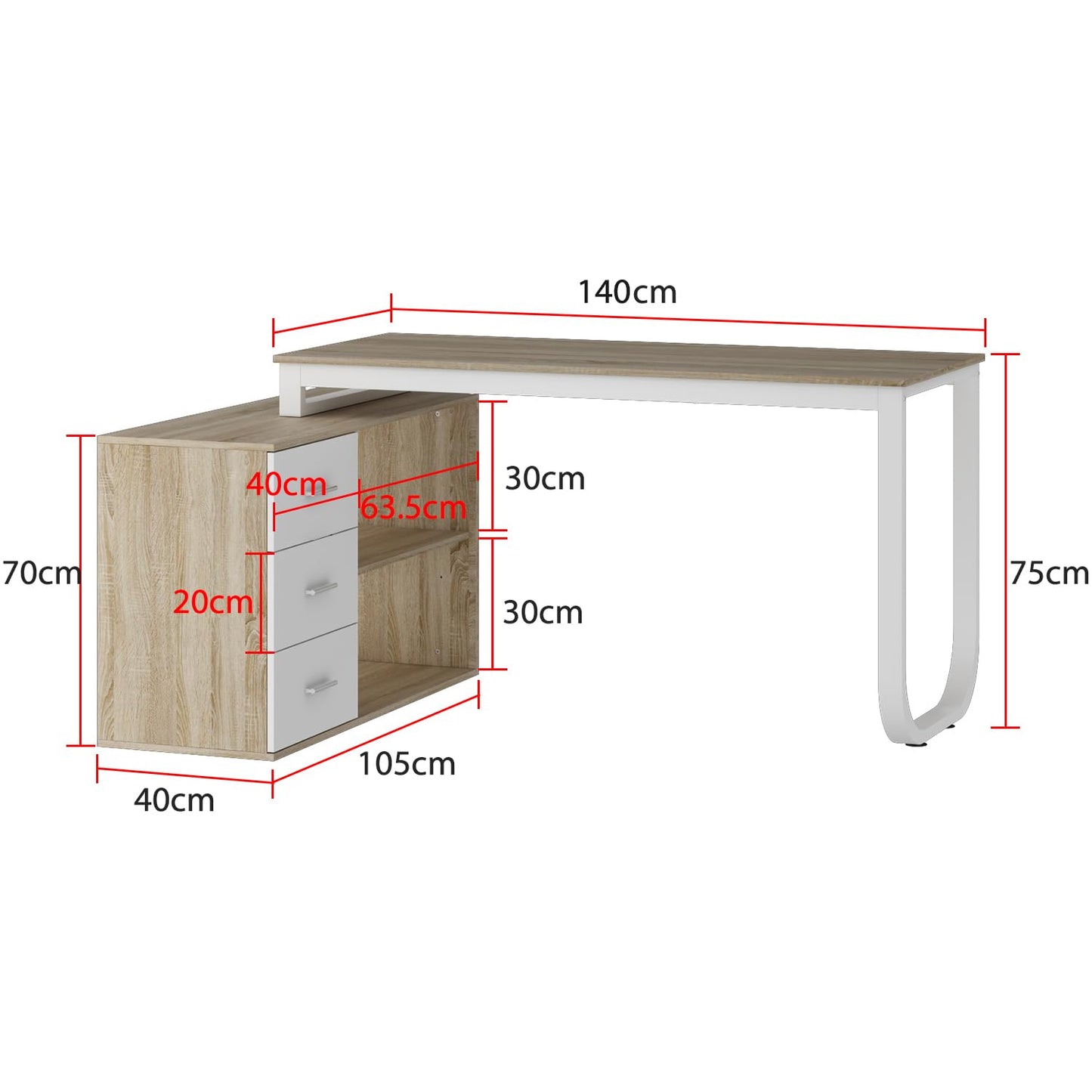 DEZAGCE L Förmiger Schreibtisch, Eckschreibtisch, Computertisch, Schbreibtisch mit 3 Schubladen und 105 cm Länge Aktenschrank,Arbeitstisch, Schreibtische, Weiß, 140 x 105 x 75 cm